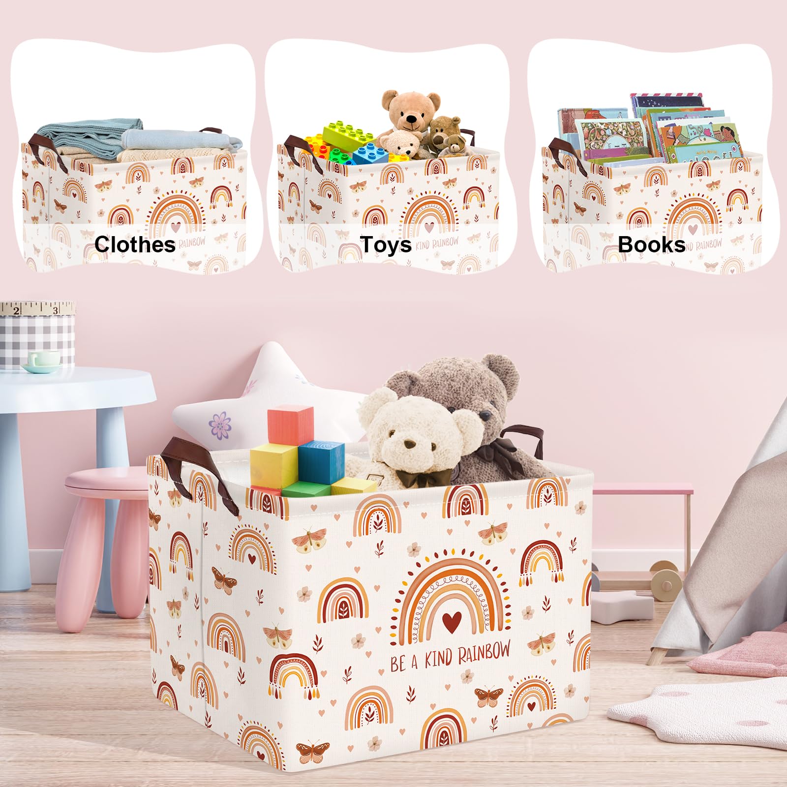Clastyle Cajas de Almacenaje Rosa Cubo Arco Iris Mariposa Flores Boho Cesta para Guardar Ropa Juguetes Libro Rectangular para Habitación Infantil, 36L
