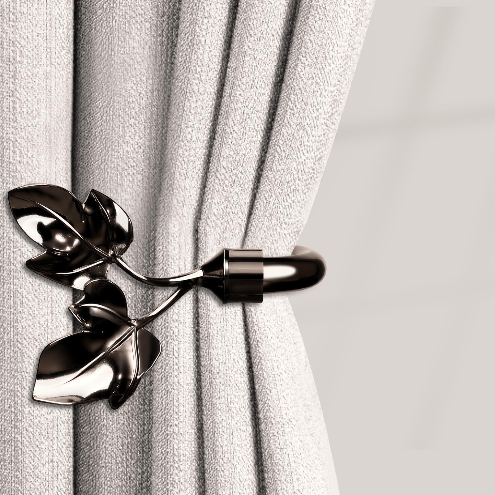 Leaf Shaped Curtain Holdbacks 2pcs, Handmade Metal Curtain Side Holders for Wall, Antique Brass Curtain Tieback Hook Pull Backs for Drapes Window Home Decoration (Nickel Black)