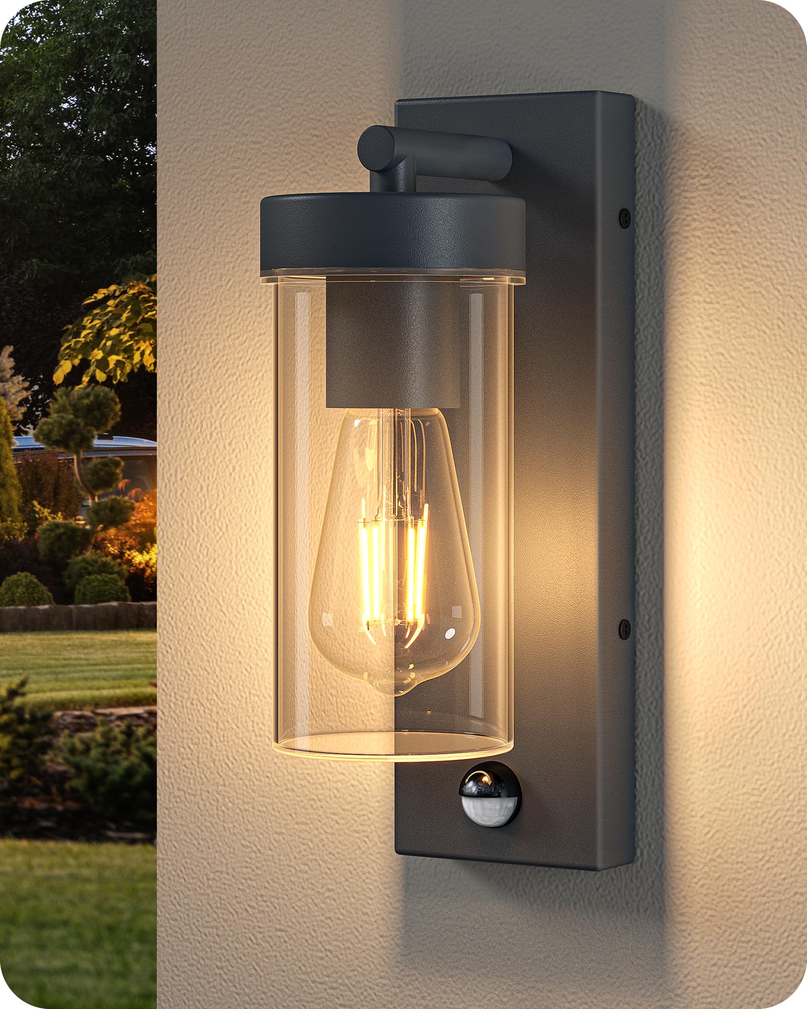 EDISHINE Dusk to Dawn Outdoor Wall Lights, Clear Glass Modern Outdoor Lighting with Motion Sensor, IP44 Waterproof, for Front Door, Patio, Garage, E27 Base, Anthracite Grey