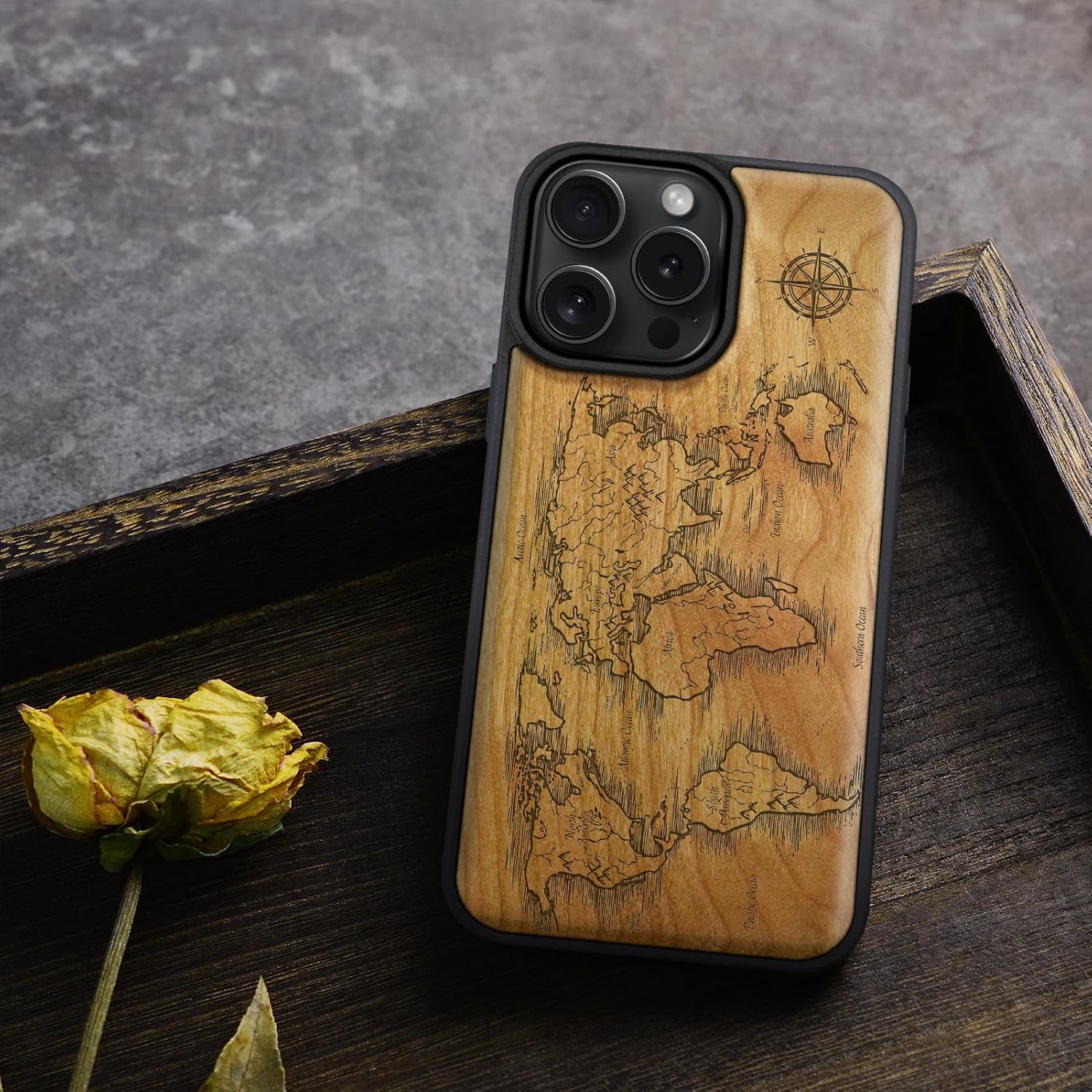Carveit Magnetic Wooden Case for iPhone 16 Pro Case, Wood Artisan Engraved & Black Soft TPU Shockproof Cover, Compatible with MagSafe Wireless Chargers (Compass Maps) Cherry