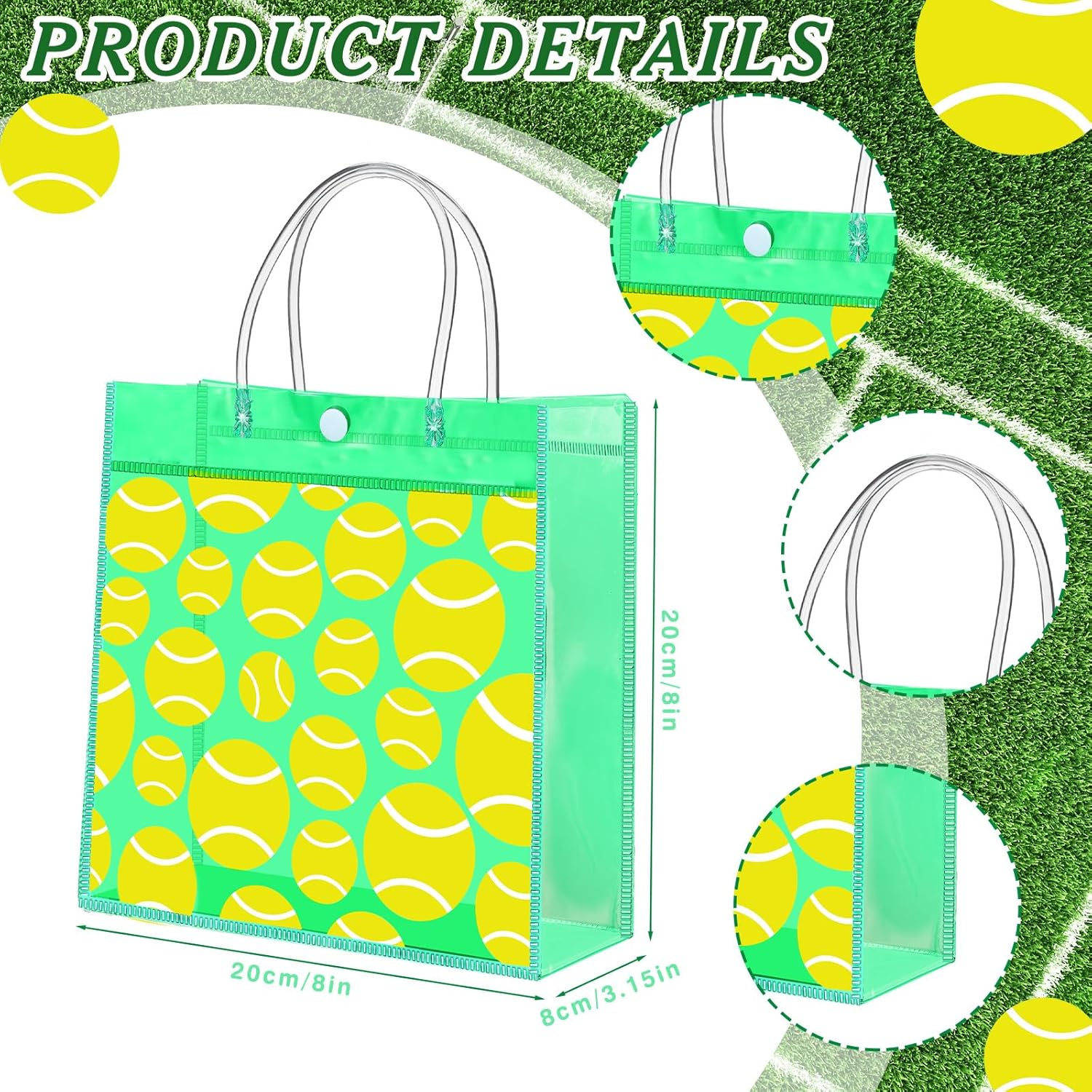 Sweetude 24 Pieces Tennis Gift Goodie Bags with Handles 8x8x3.15 Inch PVC Green Tennis Theme Party Favor Clear Treat Bags Bulk for Sports Party Competition Team Birthday Gifts