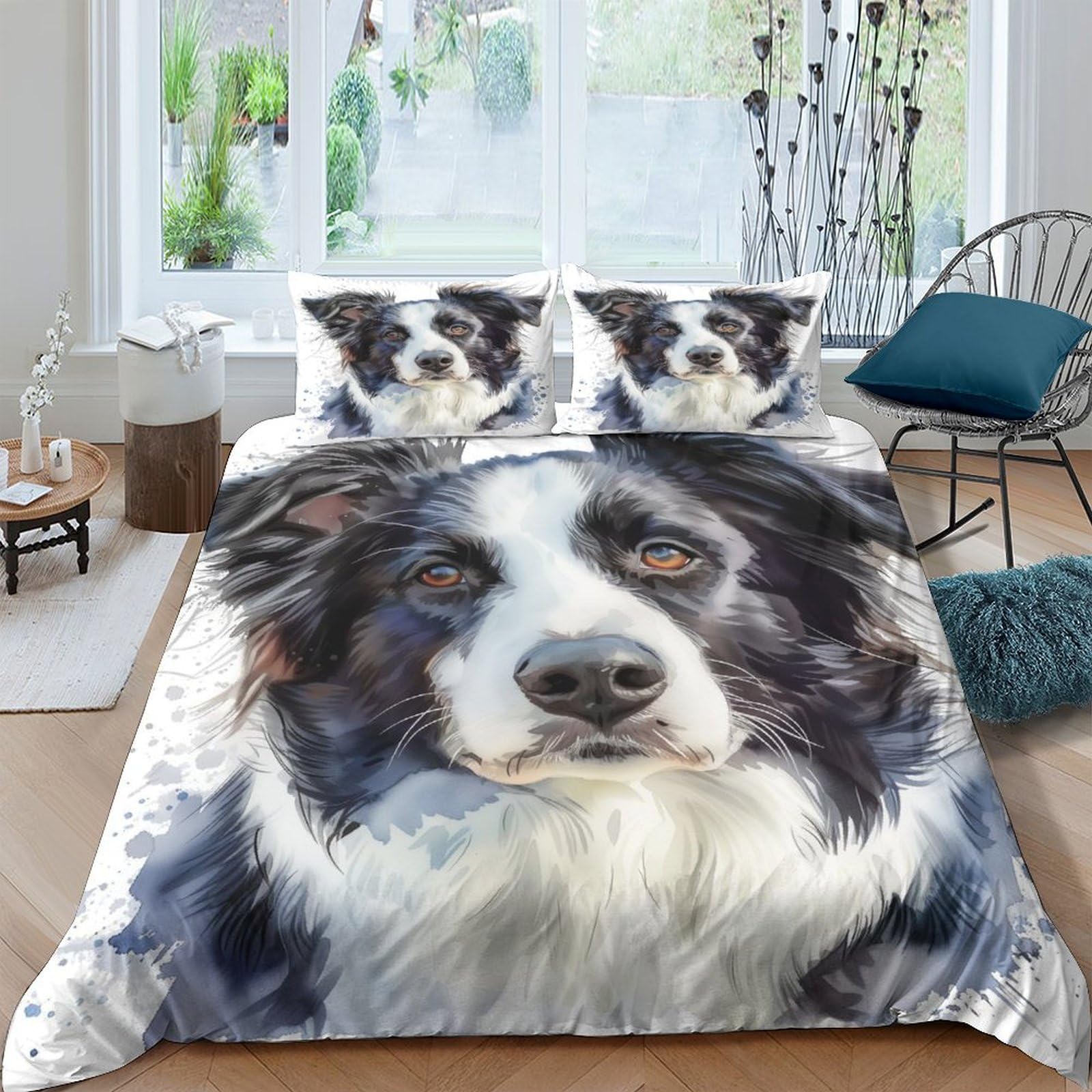 TNFHSOFT 3D Printed Border Collie Duvet Cover Set with Pillow Cases Quilt Cover Bedding Set,with Zipper Closure,3pcs,for Childrens And Adults Double（200x200cm）