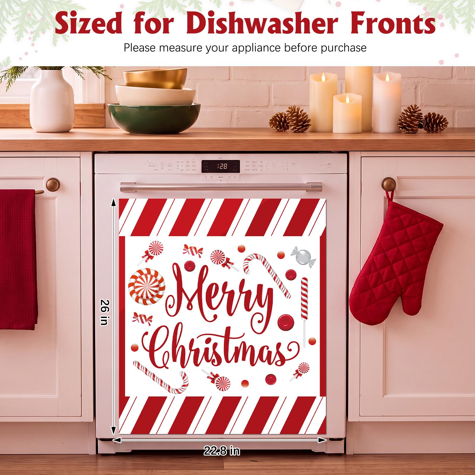 Kingdder Housse magnétique de Noël pour lave-vaisselle, 58,4 x 66 cm, décoration de Noël magnétique réutilisable pour lave-vaisselle, panneau avant de l'appareil de cuisine, rouge poivré