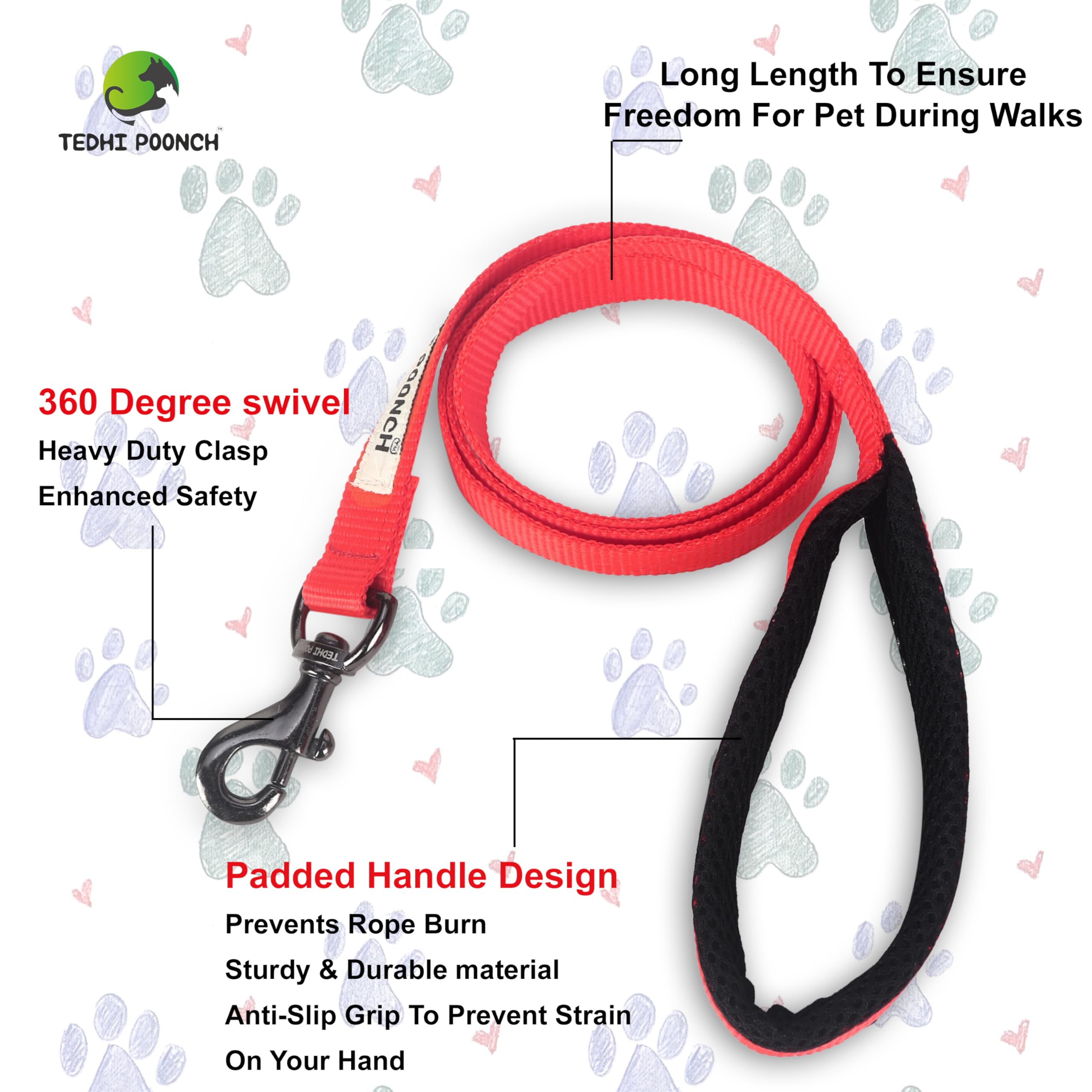 TEDHI POONCH Tarbooj Premium Long Length Durable Sturdy Training Leash-with Soft Padded Handle- for Dogs and Puppies | Red | Medium 1