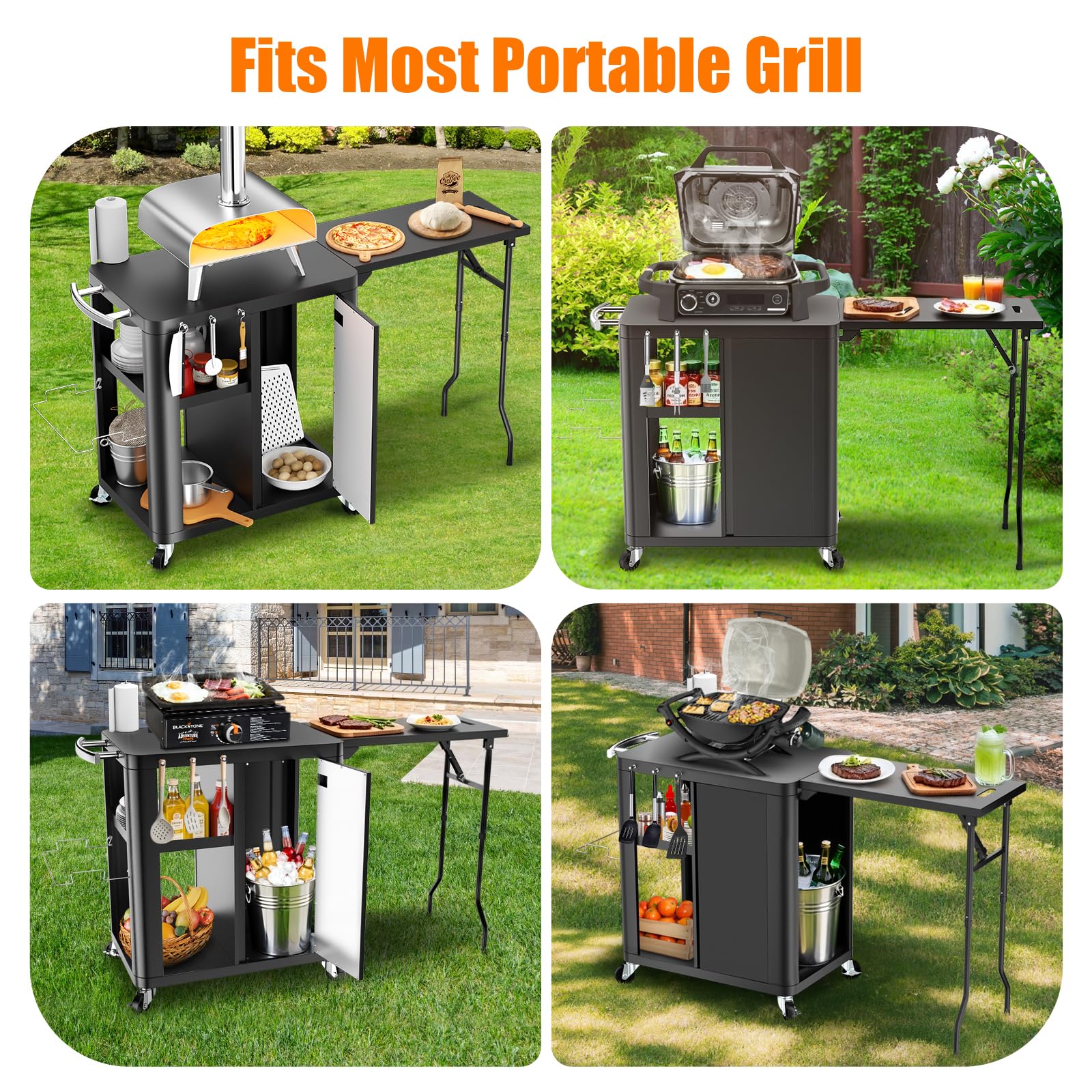 GFTIME Carro de barbacoa, mesa de barbacoa con mesa auxiliar plegable, cocina al aire libre con ganchos, estante de almacenamiento y armario, carrito de servir con ruedas, cocinas al aire libre, 143 x