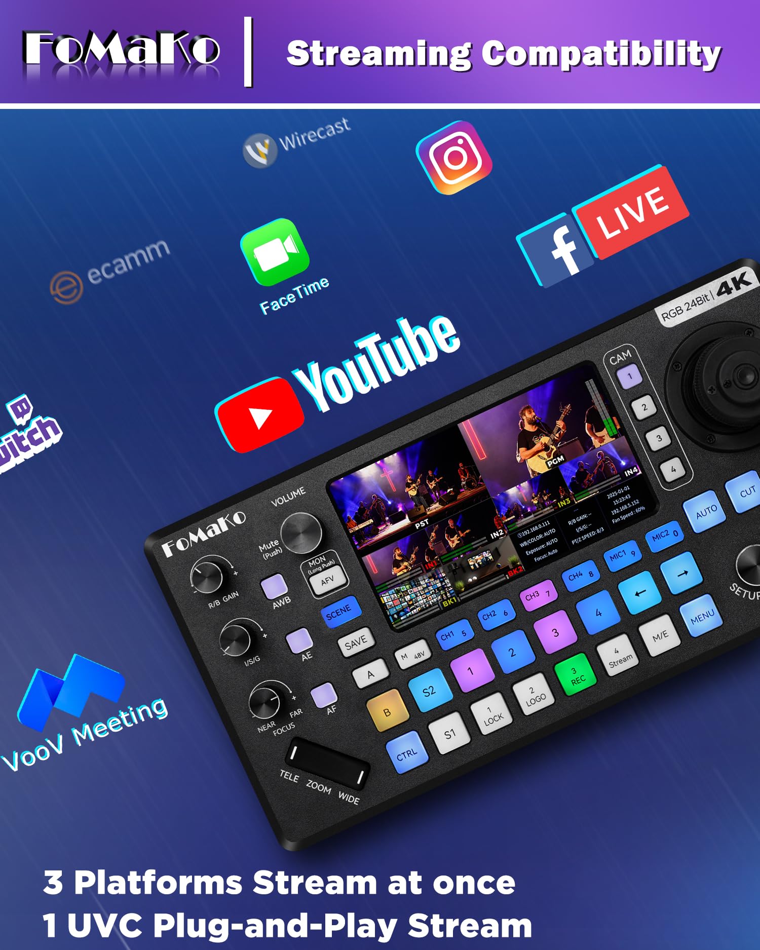 FoMaKo KC800 4K HDMI Videomischer Switcher, integrierter 4D-Joystick-PTZ-Controller, 5,5"-LCD-Bildschirm, professioneller XLR-Audioanschluss und USB/SD-Aufnahme, 4K 60FPS Eingang, 1080p 60FPS Ausgang