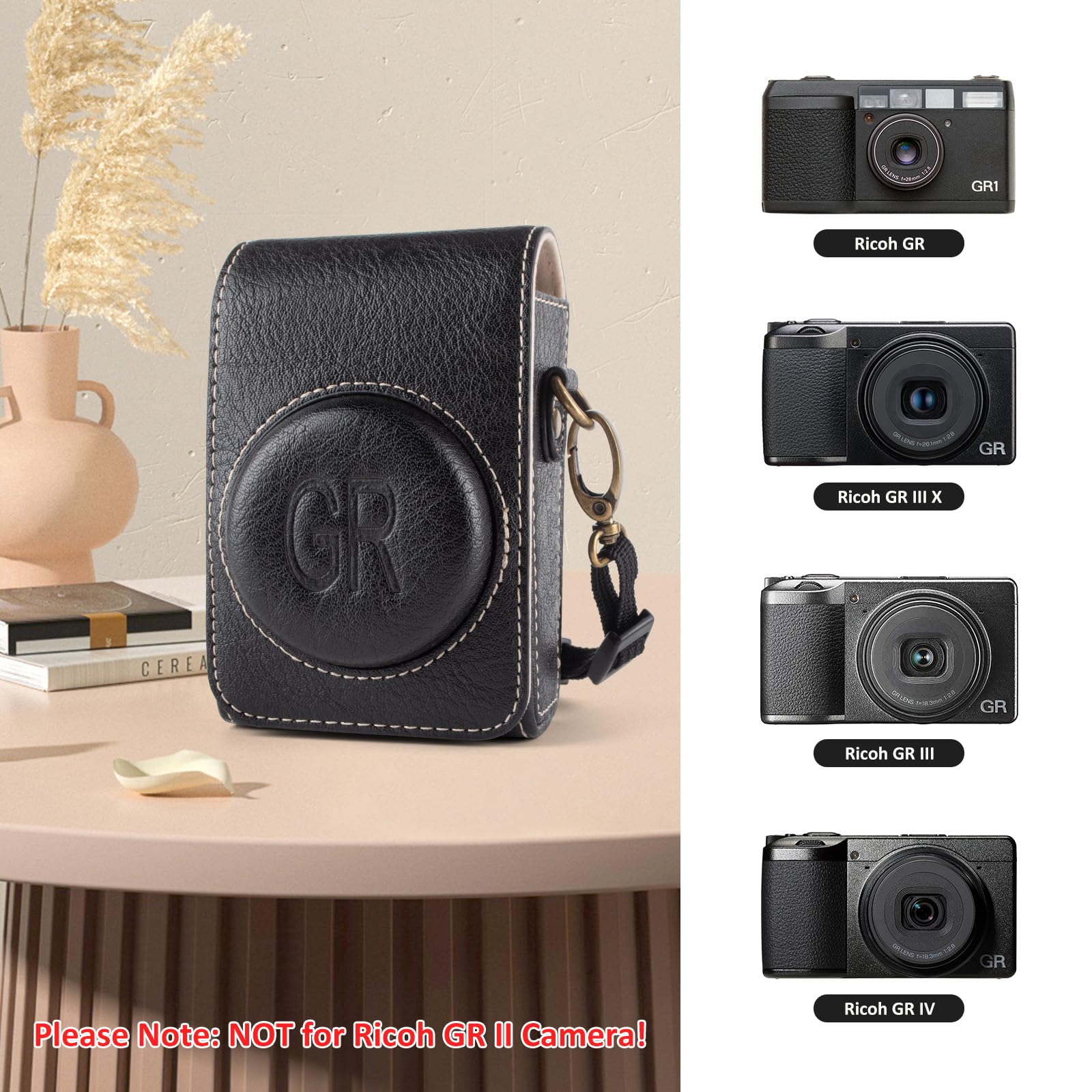 kinokoo Etui do Ricoh GR IV, pokrowiec ochronny z fakturą skóry PU do aparatów cyfrowych Ricoh GR/III/III x/IV z regulowanym paskiem na ramię - ze szlufką na pasek z tyłu torby - czarne