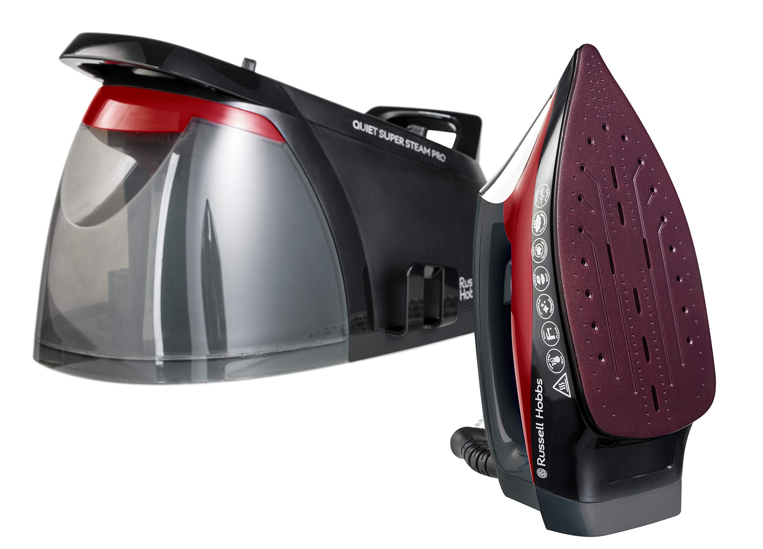 Russell Hobbs Centro de Planchado Quiet Super Steam Pro - 2750 W, Suela Cerámica, Tecnología One Temperature, Presión 8 Bares, Depósito 1,8L, Antical, Vapor Generado 315 g, Negro y Rojo - 24460-56