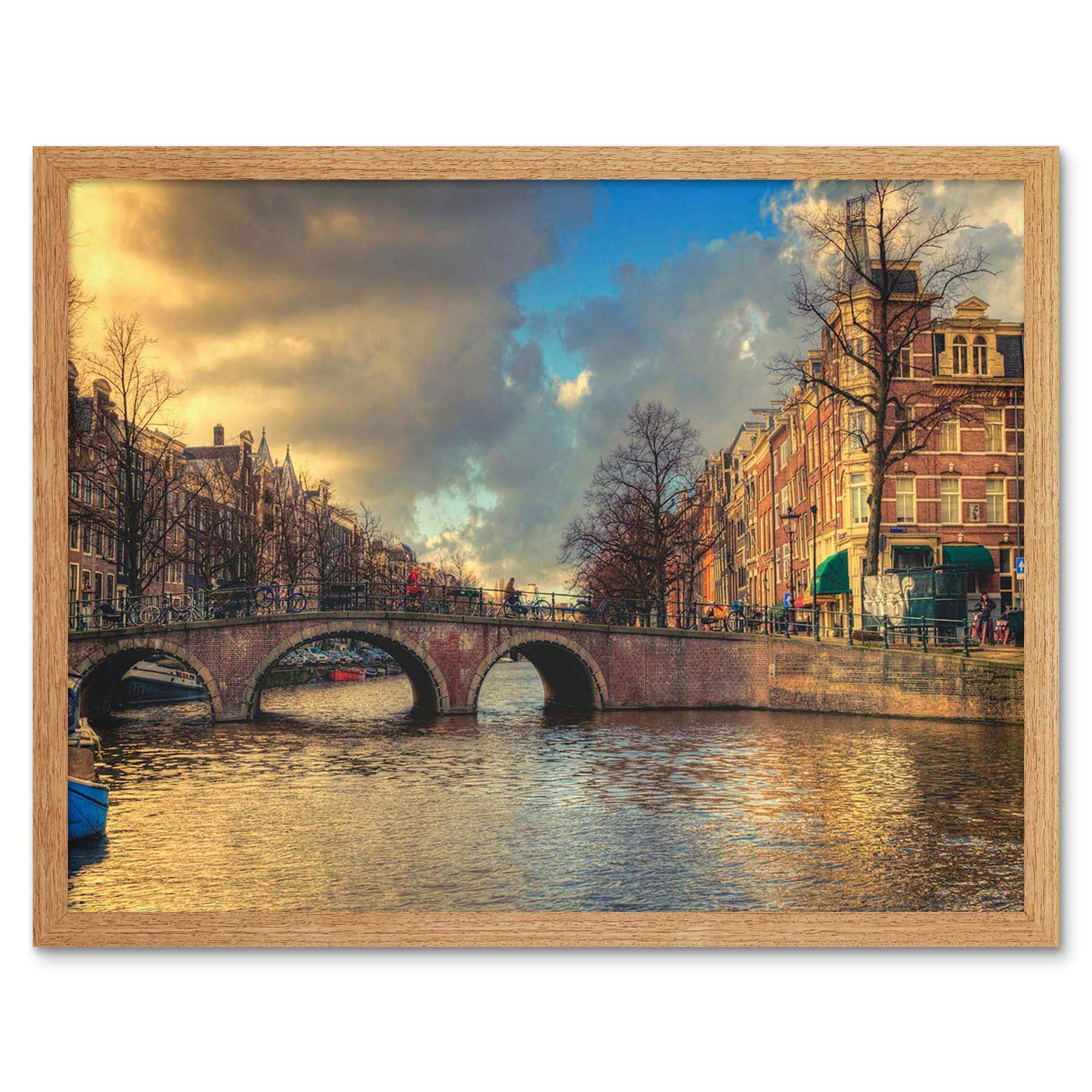 Wee Blue Coo Photo Cityscape Amsterdam Canal Bridge Art Print Framed Poster Wall Decor 12X16 Inch
