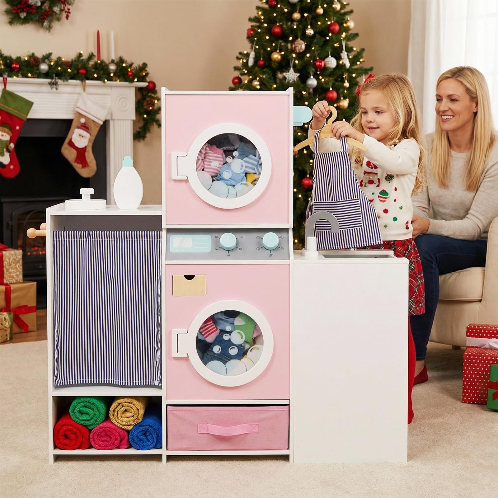 COSTWAY Lavatrice Giocattolo per Bambini, Set Gioco Lavanderia in Legno con Lavatrice, Asciugatrice, Rubinetto e Accessori, Simulazione Elettrodomestici, Giocattolo Educativo 3+ Anni, 89 x 30 x 88 cm