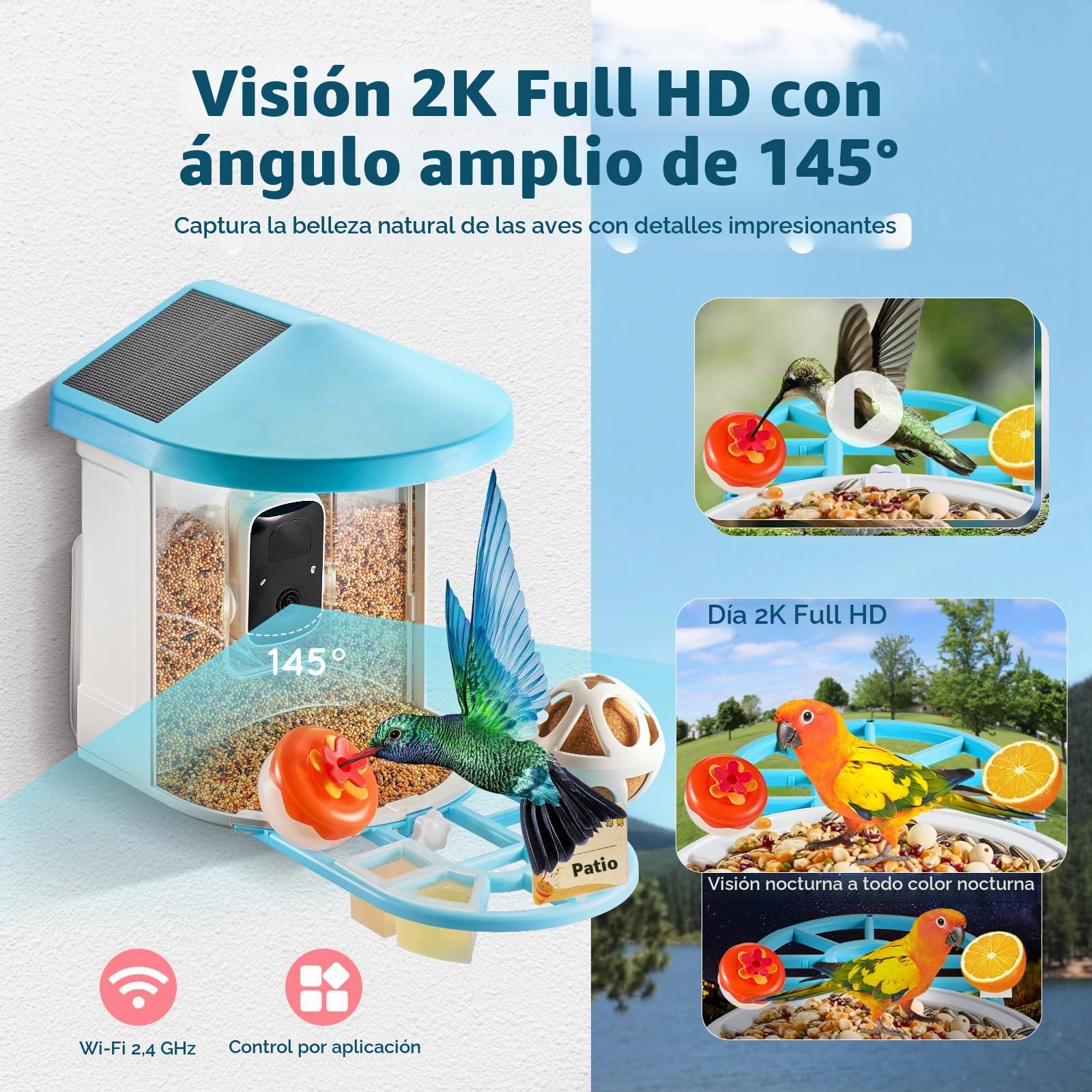 VEVOR Comedero Inteligente para Pájaros con Cámara 2K HD AI Identifica de Aves 2 Paneles Solares Cámara de Observación de Aves con Captura Automática y Notificación Instantánea para Exterior, Azul