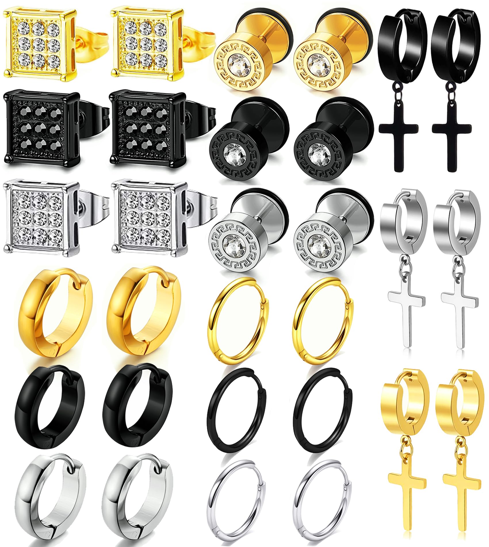 15 Pairs Earrings Set for Men and Women, Black Silver 14K Gold Plated Earrings Stud Kit 5 Pairs of Each Fashion Ear Piercing Jewelry Cross Dangle Hoop Earrings Set