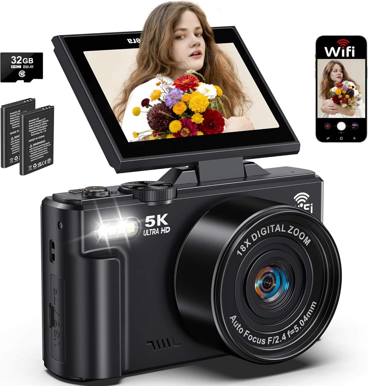 5K Digital Camera for Photography, 75MP WiFi Vlogging Camera for YouTube with 3" 180° Flip Screen, 18X Zoom UHD Autofocus Video Camara with 32GB SD Card, 2 Batteries