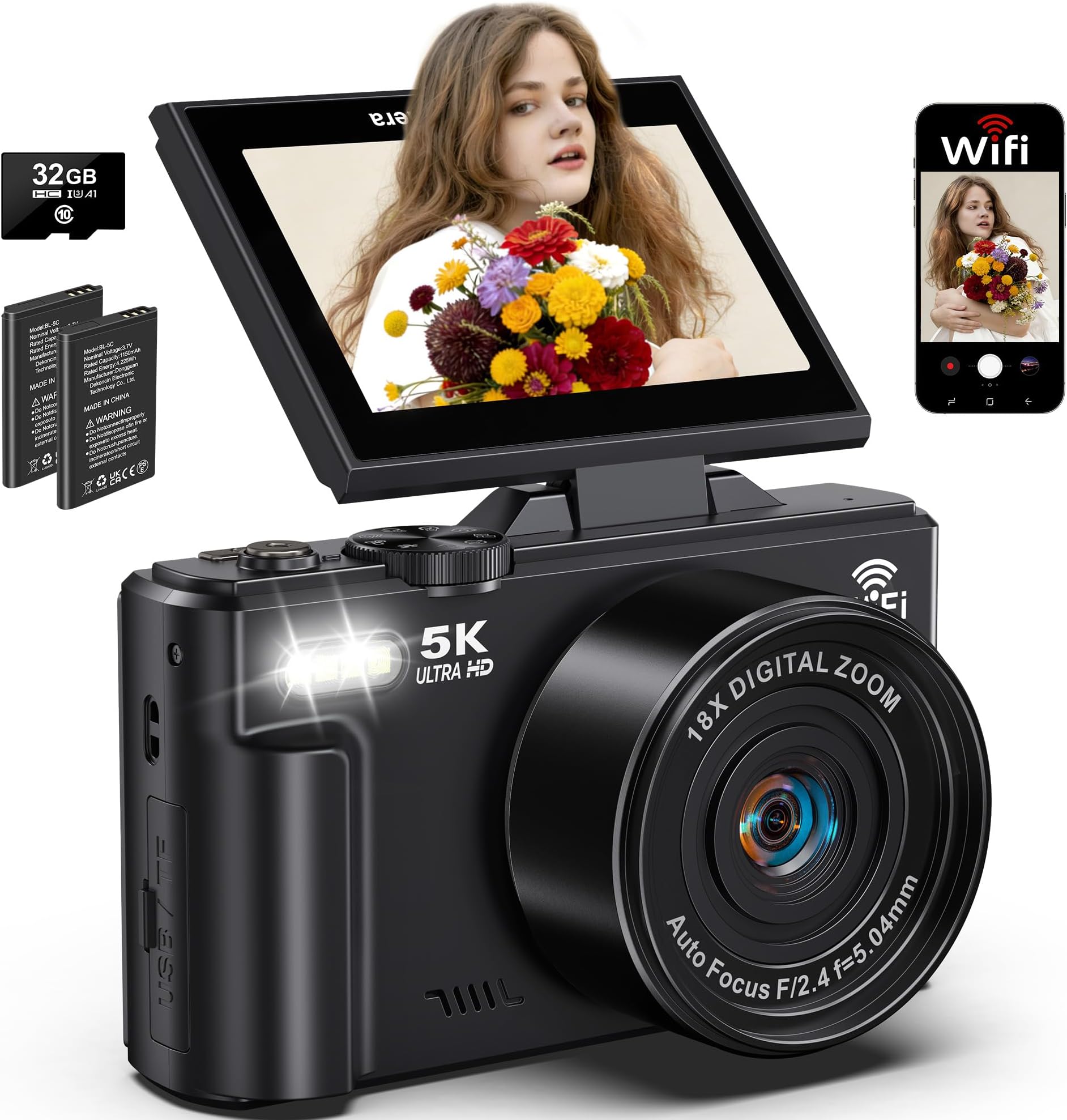 5K Digital Camera for Photography & Vlogging, Compact Travel Camera with 18x Optical Zoom, 32GB SD Card