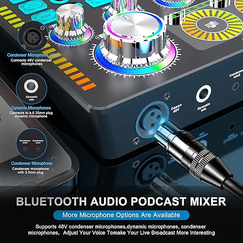 Miniatura 4 de Paquete de equipo de podcast, interfaz de audio y micrófono condensador XLR, equipo de estudio con alimentación fantasma de 48 V, Bluetooth