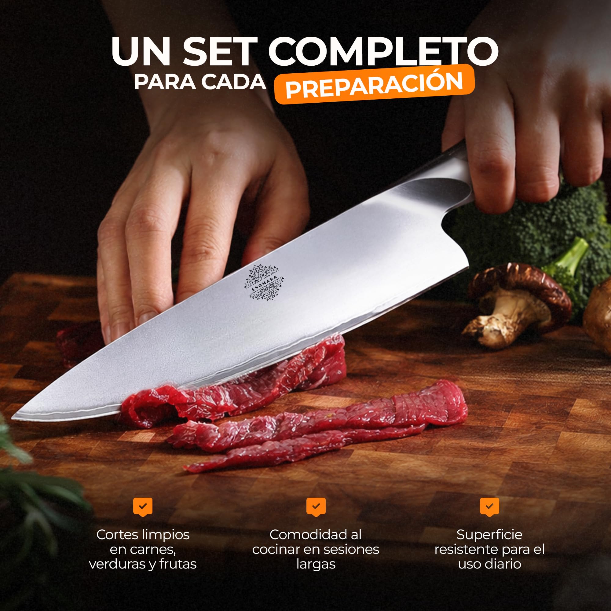 Set de cuchillos de cocina con tabla de acacia – regalo premium original para hombre y mujer – cuchillo chef, santoku y multiusos – acero inoxidable