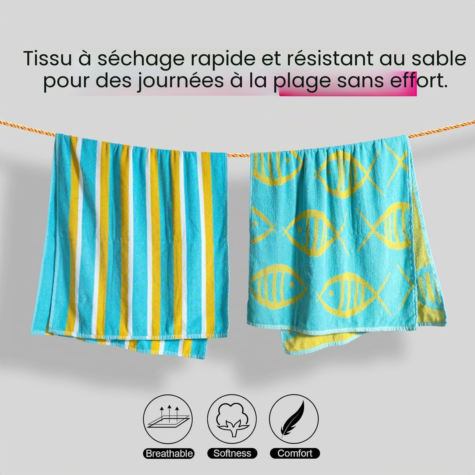 Casa Copenhagen 2 draps Bain, 600g/m², Poissons Bleu - Vert & Rayures | Miami serviettes 100% coton égyptien (150 x 75 cm) plage, douche et piscine (coffret cadeau femme et homme)