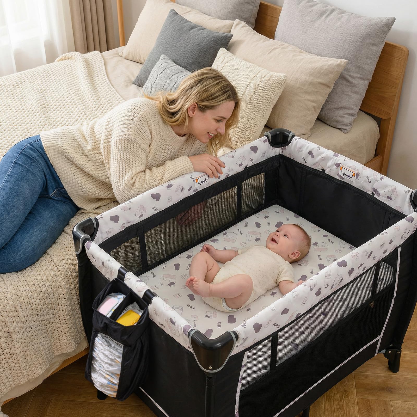 COSTWAY Culla Campeggio Bambini 5 in 1, Lettino Viaggio Neonati Pieghevole con Materasso, Fasciatoio e Tettoia, Box Portatile con Ruote, 2 Giocattoli Appesi e Carillon, per Bambini 0-3 Anni (Bianco)
