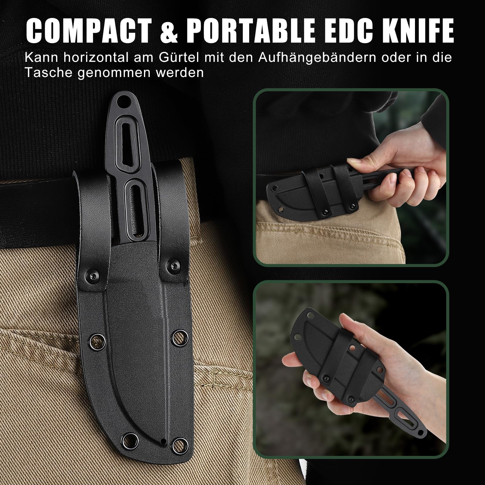 Omesio Cuchillo de cinturón pequeño EDC, hoja 8 cm 5Cr13MoV, full tang con funda y cordón. Ligero, resistente y apto para porte horizontal. Ideal para camping y senderismo.