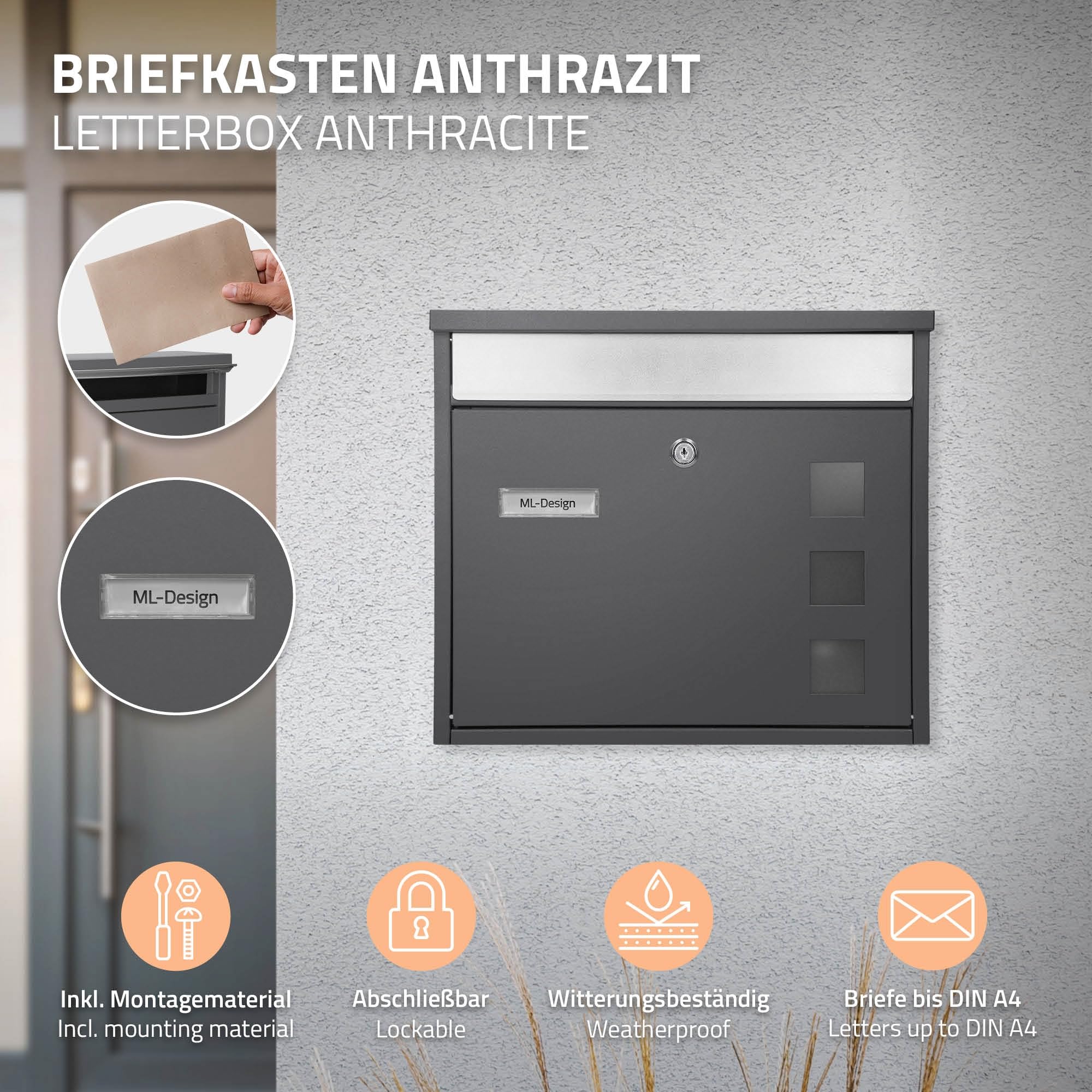 ECD Germany Moderne Design Brievenbus Met Krantenvak 37x11x37 Cm Van Gepoedercoat Lichtgrijs Roestvrij Staal Incl. 2 Sleutels, Bevestigingsmateriaal - Wandbrievenbus Brievenbus Krantenrol