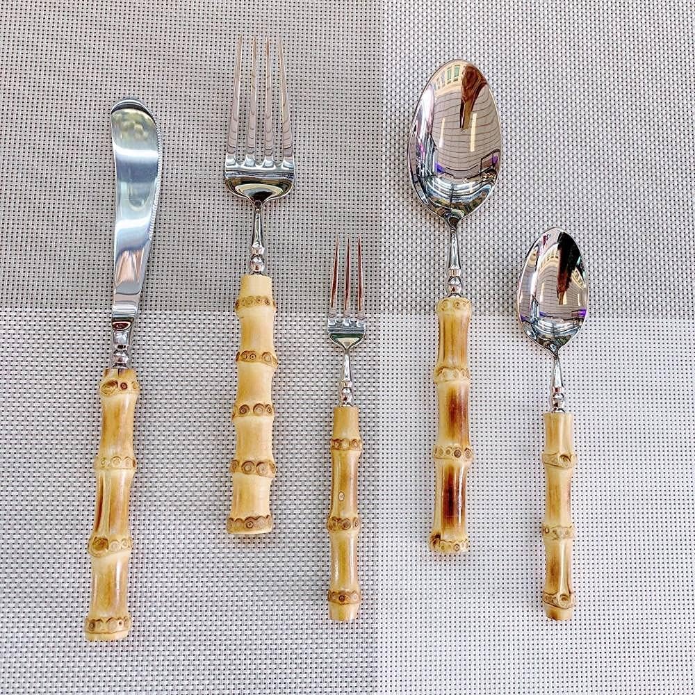 XJZKA Juego de Cubiertos creativos, Juego de Cubiertos con Mango de bambú de Madera, Juego de vajilla Occidental de Acero Inoxidable 304, Cuchara de té, Cuchara de Sopa, Esmalte de espej