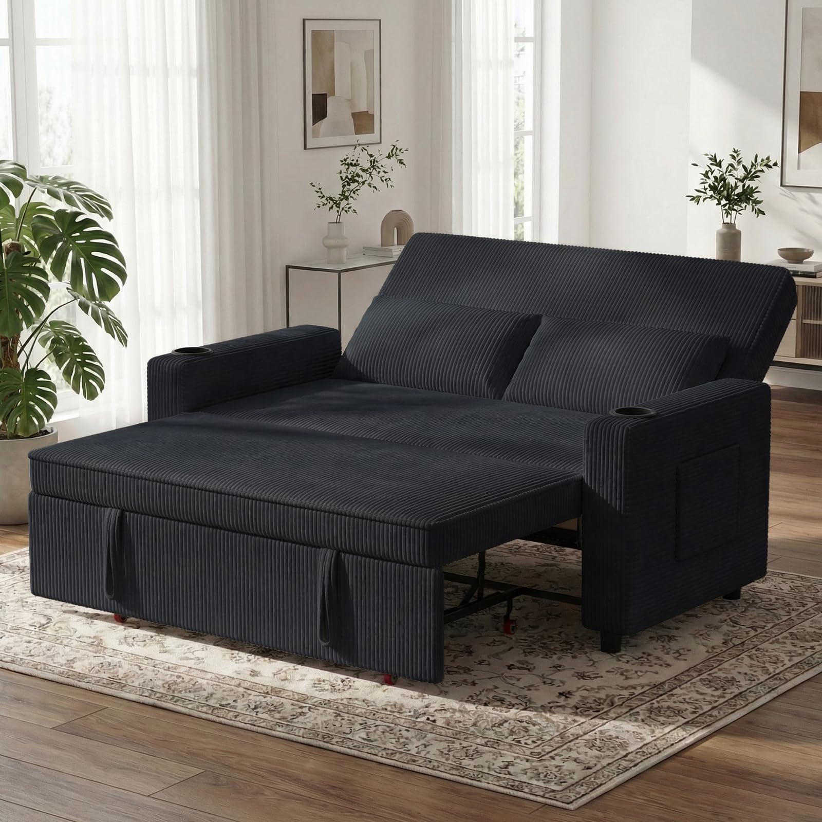 JUMMICO Pull-Out Sofa Bed, 2-Seater Convertible Sleeper Sofa with Adjustable Backrest, Modern Corduroy Loveseat Couch for Living Room, Bedroom and Apartment