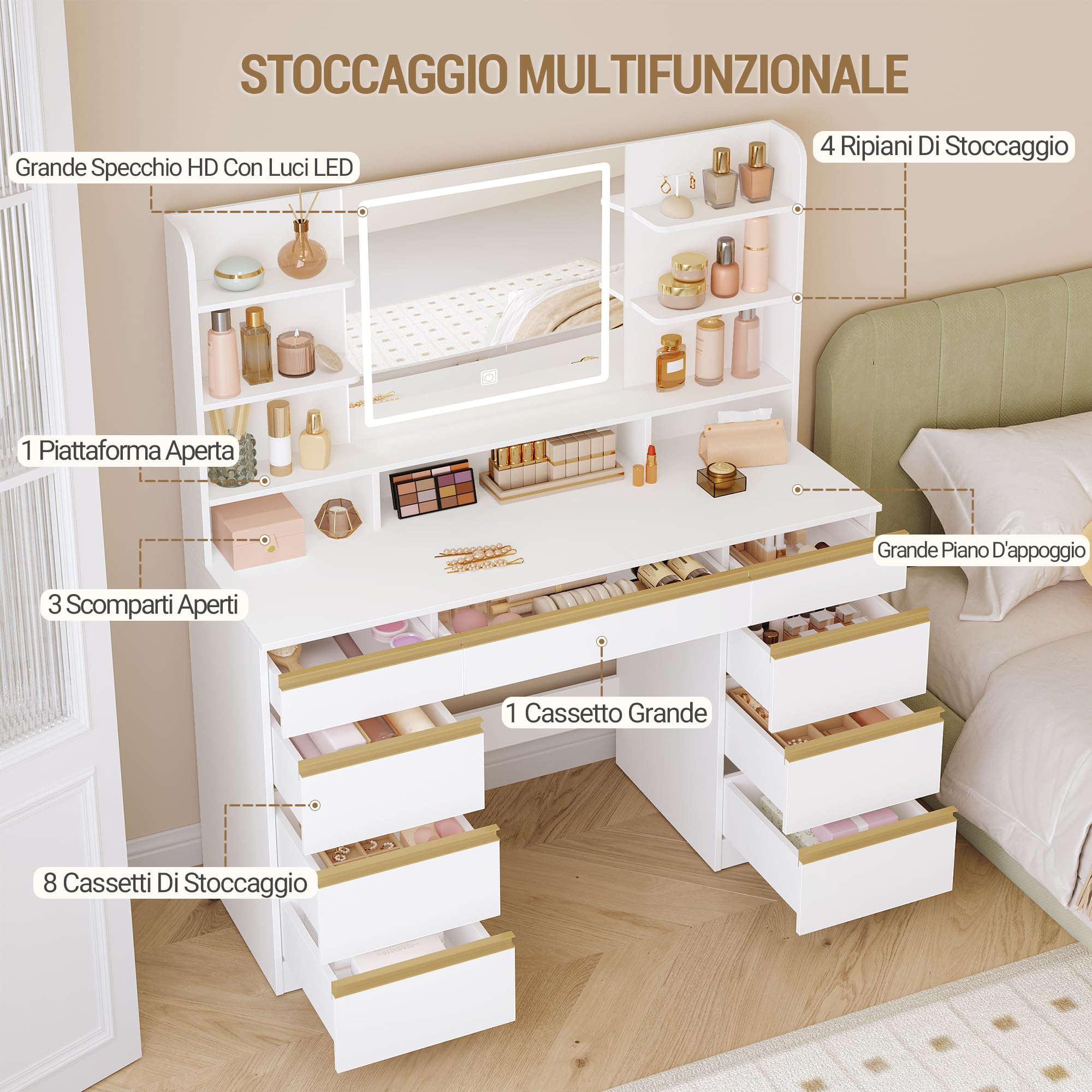 Hzuaneri Toeletta da Trucco Grande con Illuminazione a LED, 3 Colori, Luminosità Regolabile, Tavolo da Trucco con Specchio, 9 Cassetti, 9 Ripiani Aperti, Stile Moderno, Bianco-Oro DT41903X