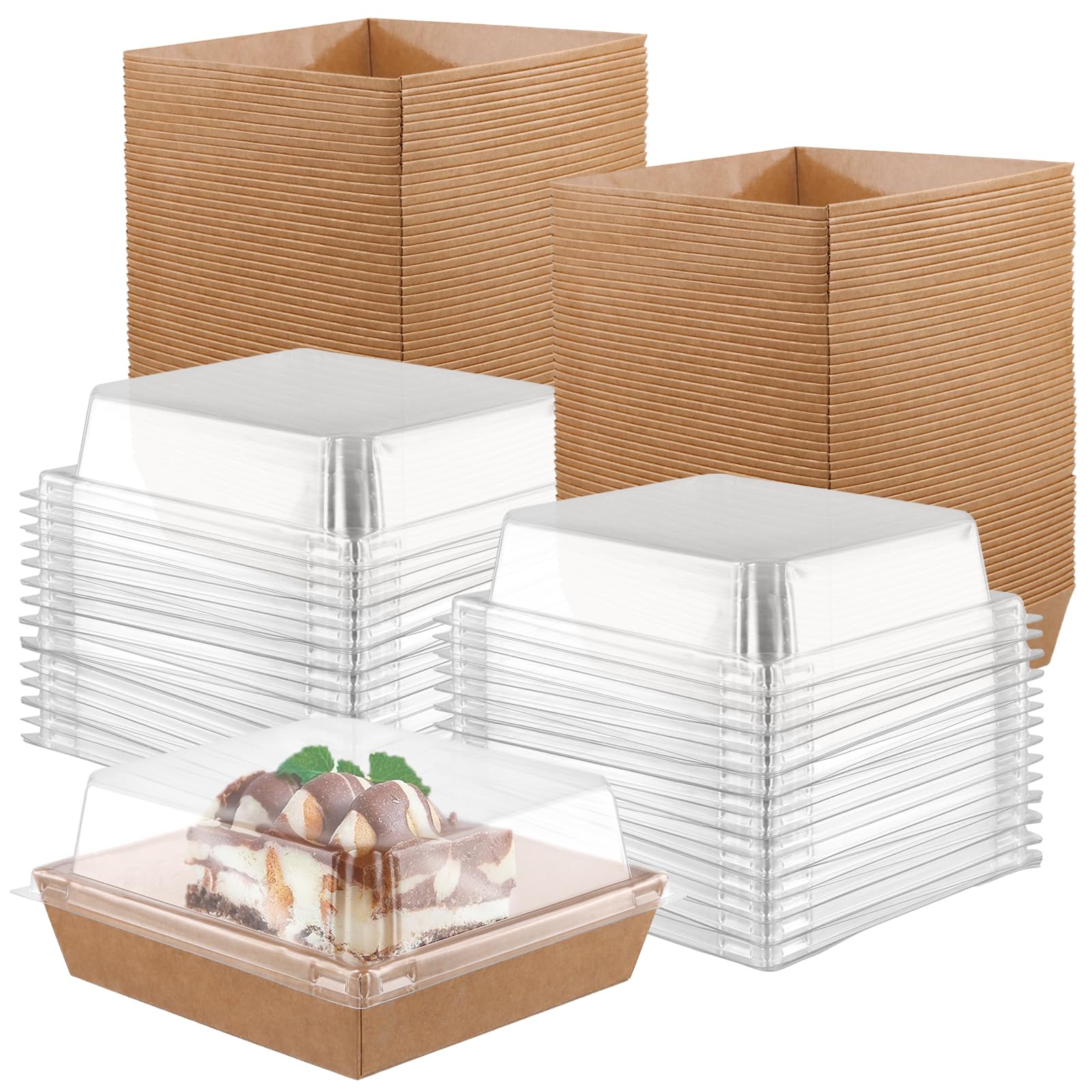 MOUYAT 100pcs Cake Slice Boxes, 12CM Square Take Away Cake Slice Box with Clear Lids, Individual Cake Boxes for Dessert, Sandwich, Cookies