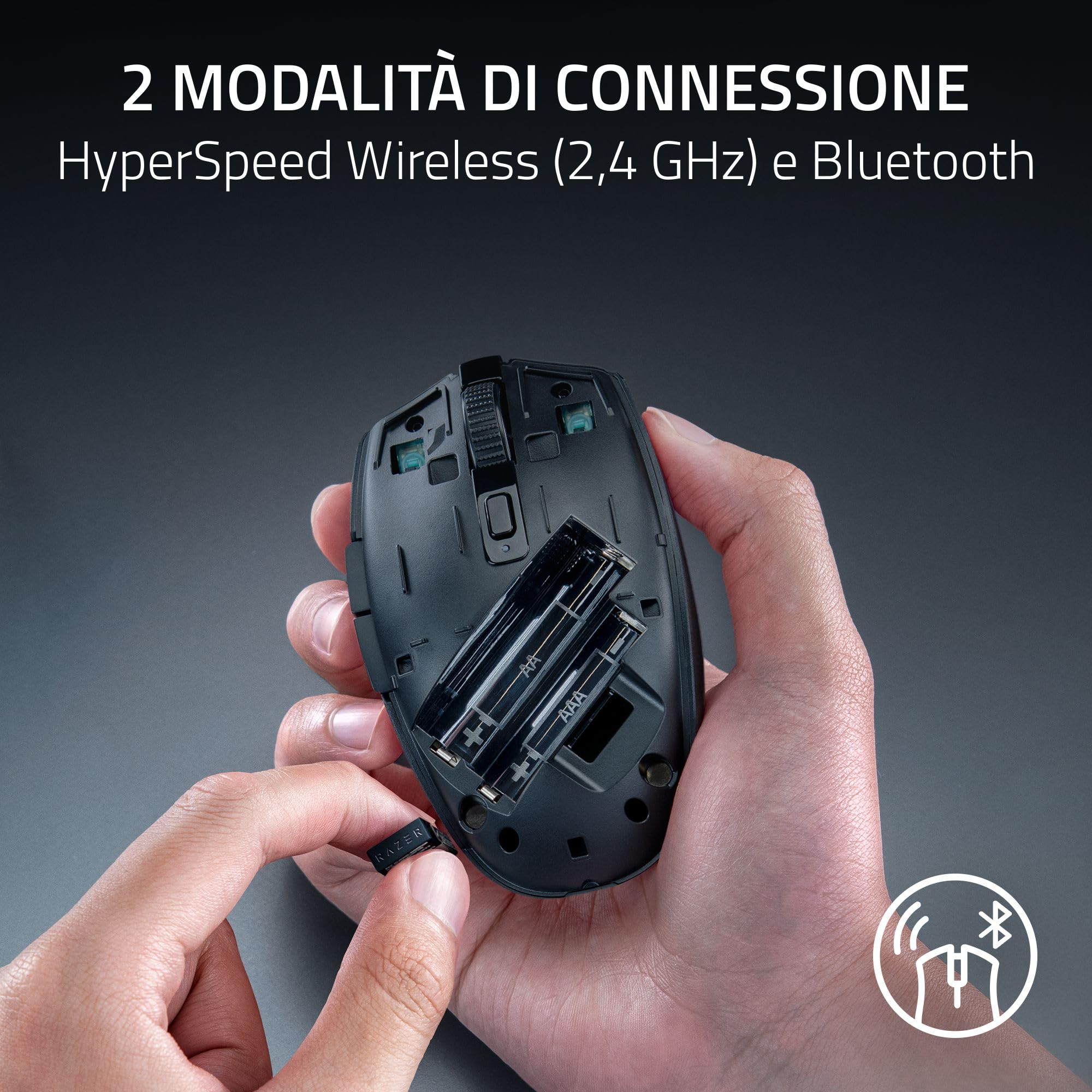 Razer Orochi V2 - Mouse da gioco wireless portatile - HyperSpeed e Bluetooth - Sensore ottico 18K DPI - Interruttori 2gen - 60 g - Alimentazione a batterie AA/AAA - PC/Mac | Nero