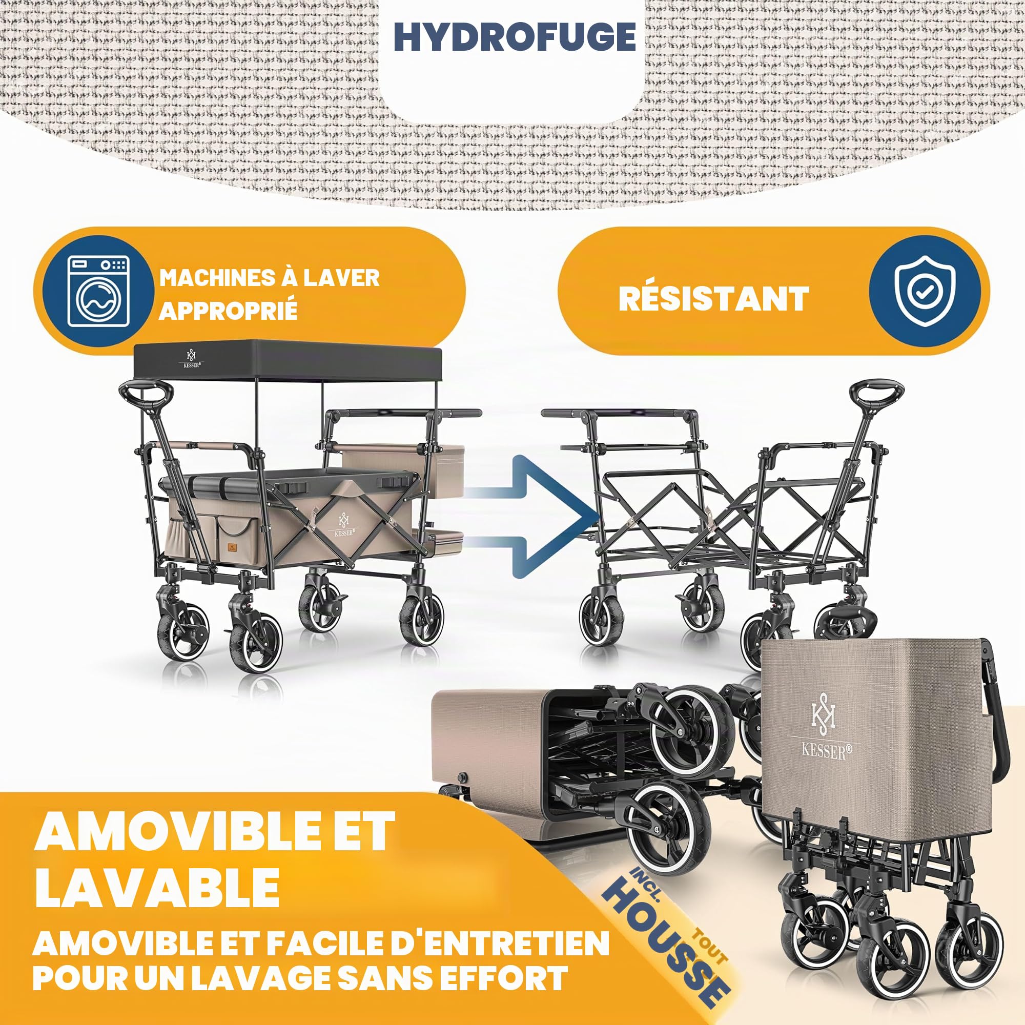 KESSER GTS-9100 Chariot de transport pliable avec toit Charge maximale 150 kg Avec roues en caoutchouc dur et freins de stationnement avant/arrière Avec serrure, couverture, intempéries et brise-vue