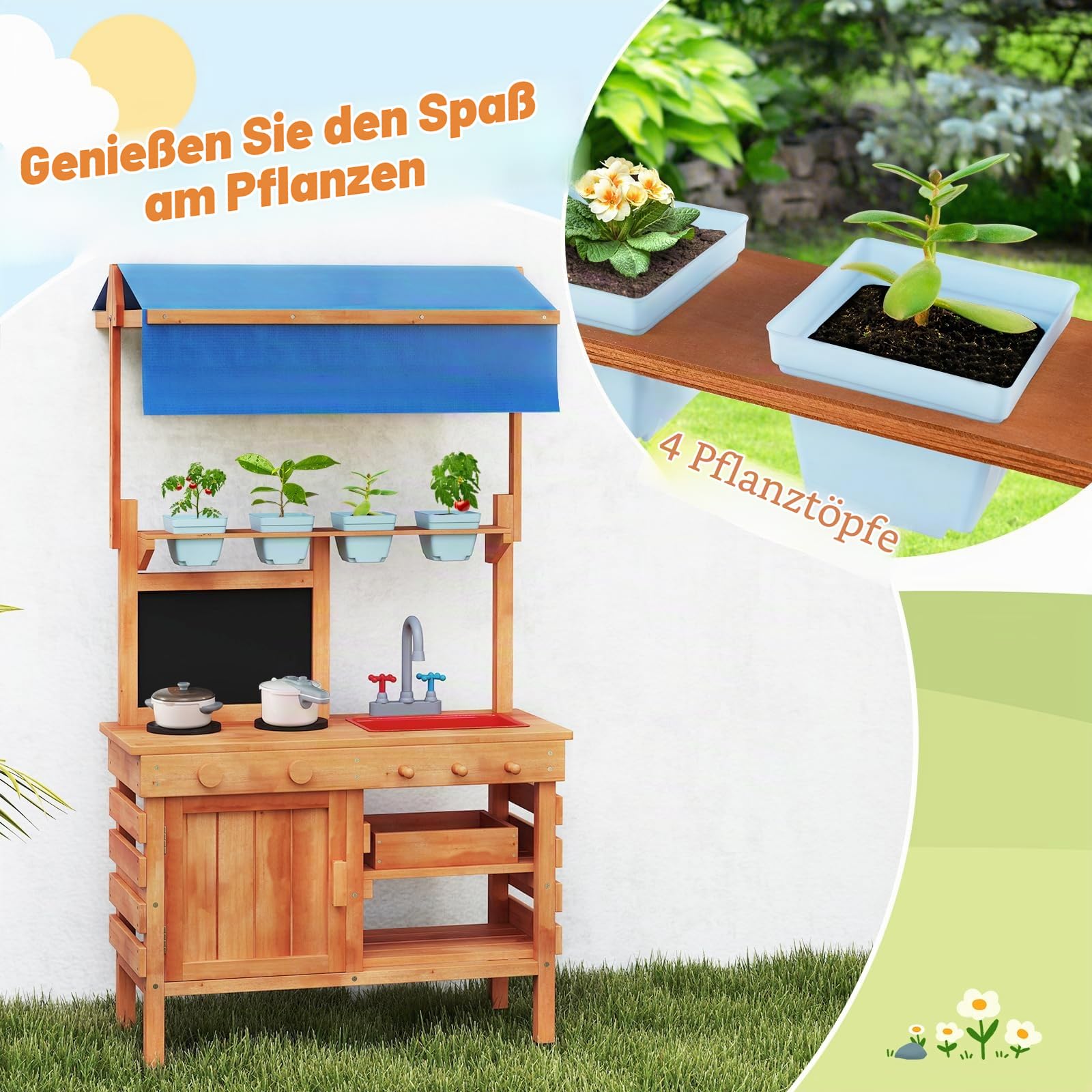FANTASK Matschküche Kinder Outdoor, Kinderküche Holz mit Sonnendach & Tafel & Pflanzbechern & Schaufeln