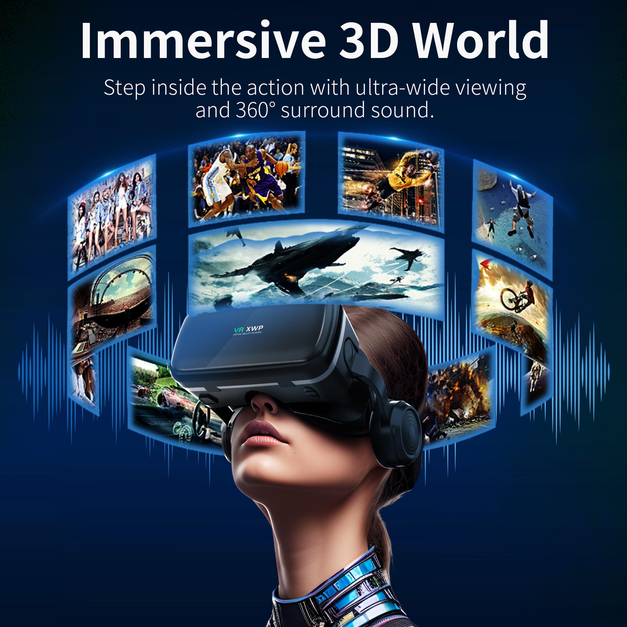 XWP VR okulary ze słuchawkami, okulary 3D do gier mobilnych, filmów i interaktywnych zabawek, kompatybilne z iPhone i Android 4,7-6,8", na urodziny dzieci i rodziny
