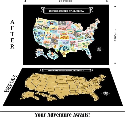 Miniatura 2 de Mapa grande de Estados Unidos para rascar de 23 x 16 pulgadas, diseño de viaje dibujado a mano con accesorios, laminado para decoración del hogar,