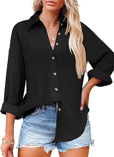HOTOUCH - Camisas con botones para mujer, de manga larga, camisa de vestir con cuello texturizado, blusa de trabajo, elegante, casual, con bolsillo