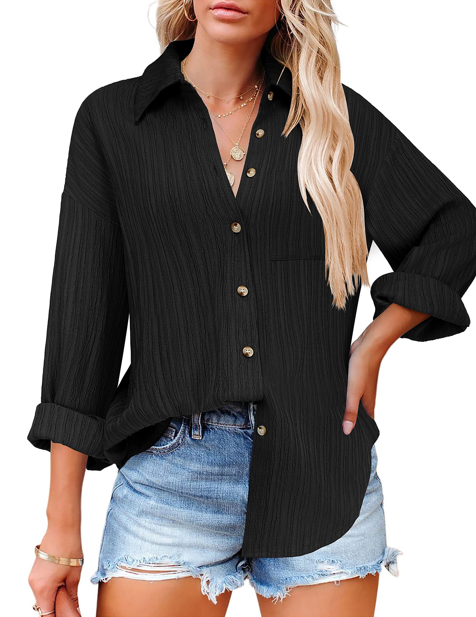 Womens Button Down Shirts Long Sleeve Dress Shirt Textured Collared Work Blouse Dressy Casual Tops with Pocket