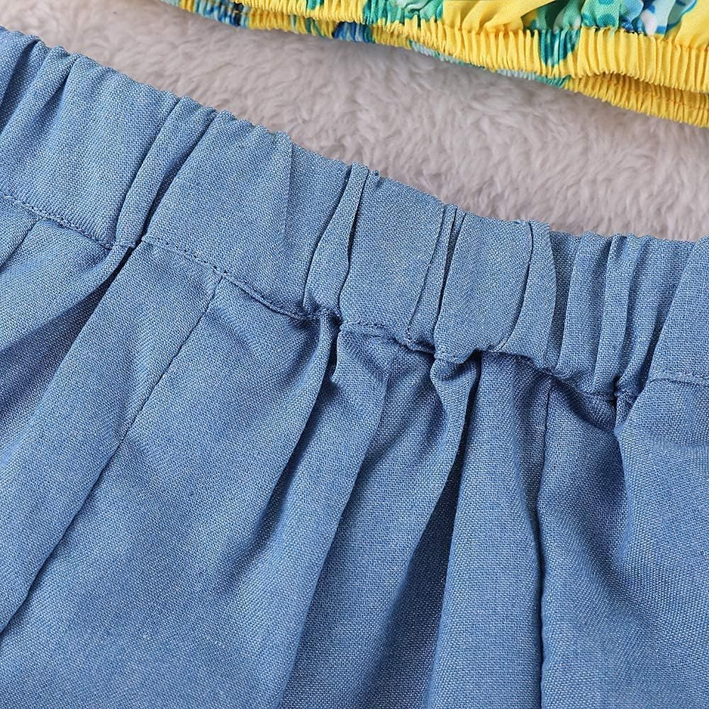 Miniatura 6 de Conjunto de pantalones cortos de mezclilla con volantes y hombros descubiertos para niños y niñas conjunto de falda corta con lazo ropa de verano