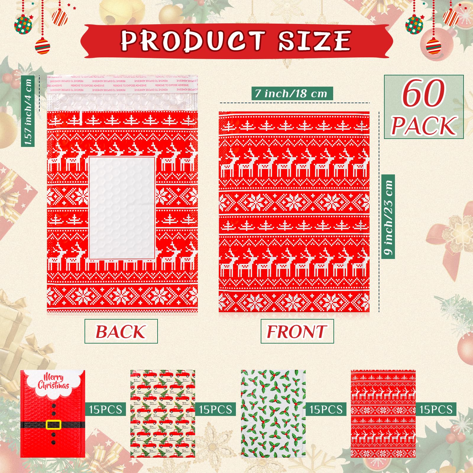Cholemy 60 sobres de burbujas de Navidad de 7 x 9 pulgadas, sobres acolchados con área de escritura, sobres acolchados de burbujas de Papá Noel, bolsas de envío navideñas con tira autosellante