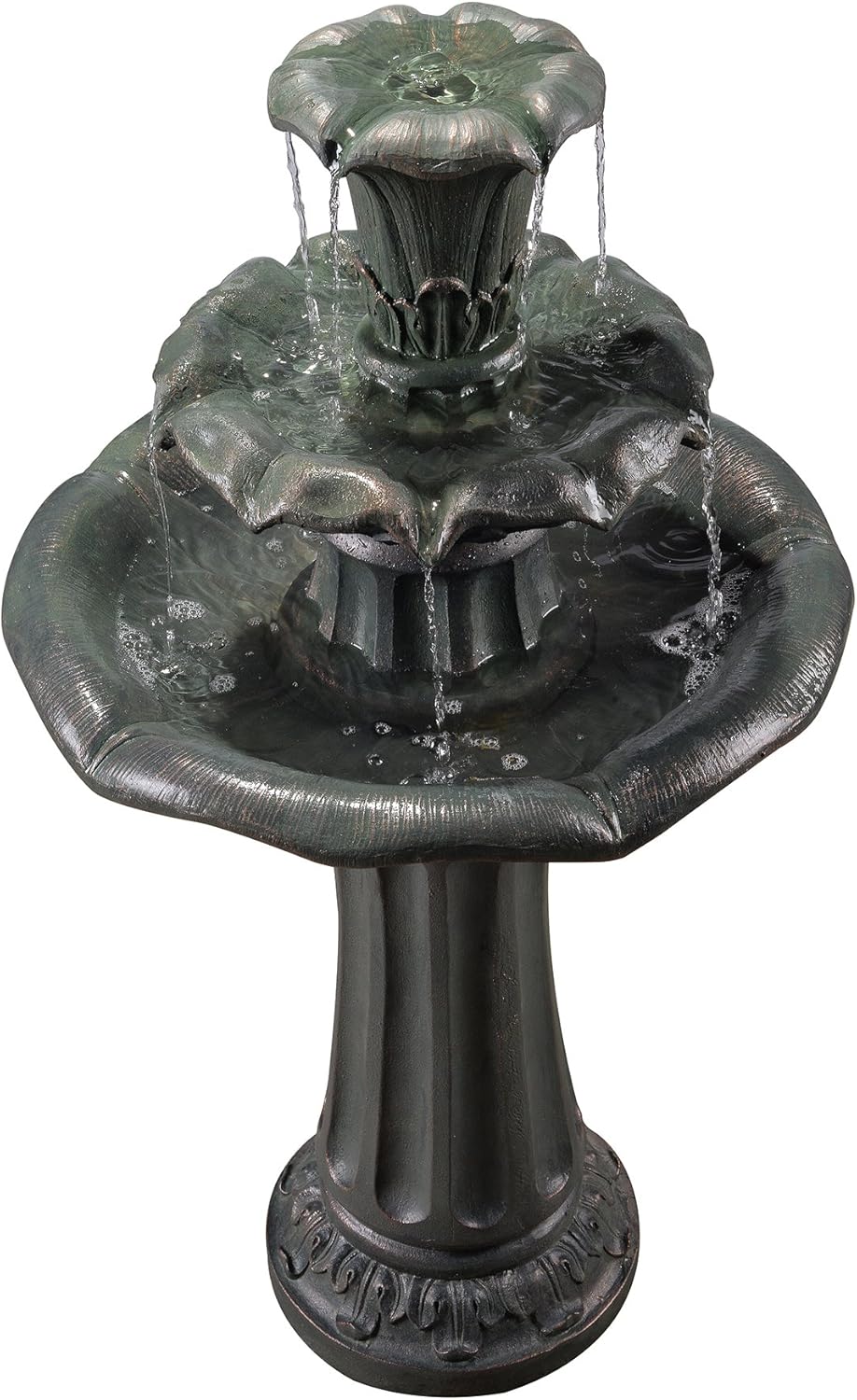 Teamson Home Lily Flower Floor Pedestal 3 Tiered Floor Waterfall Fountain with Pump for Outdoor Patio Garden Backyard Decking, 38 Inch Height, Dark Gray