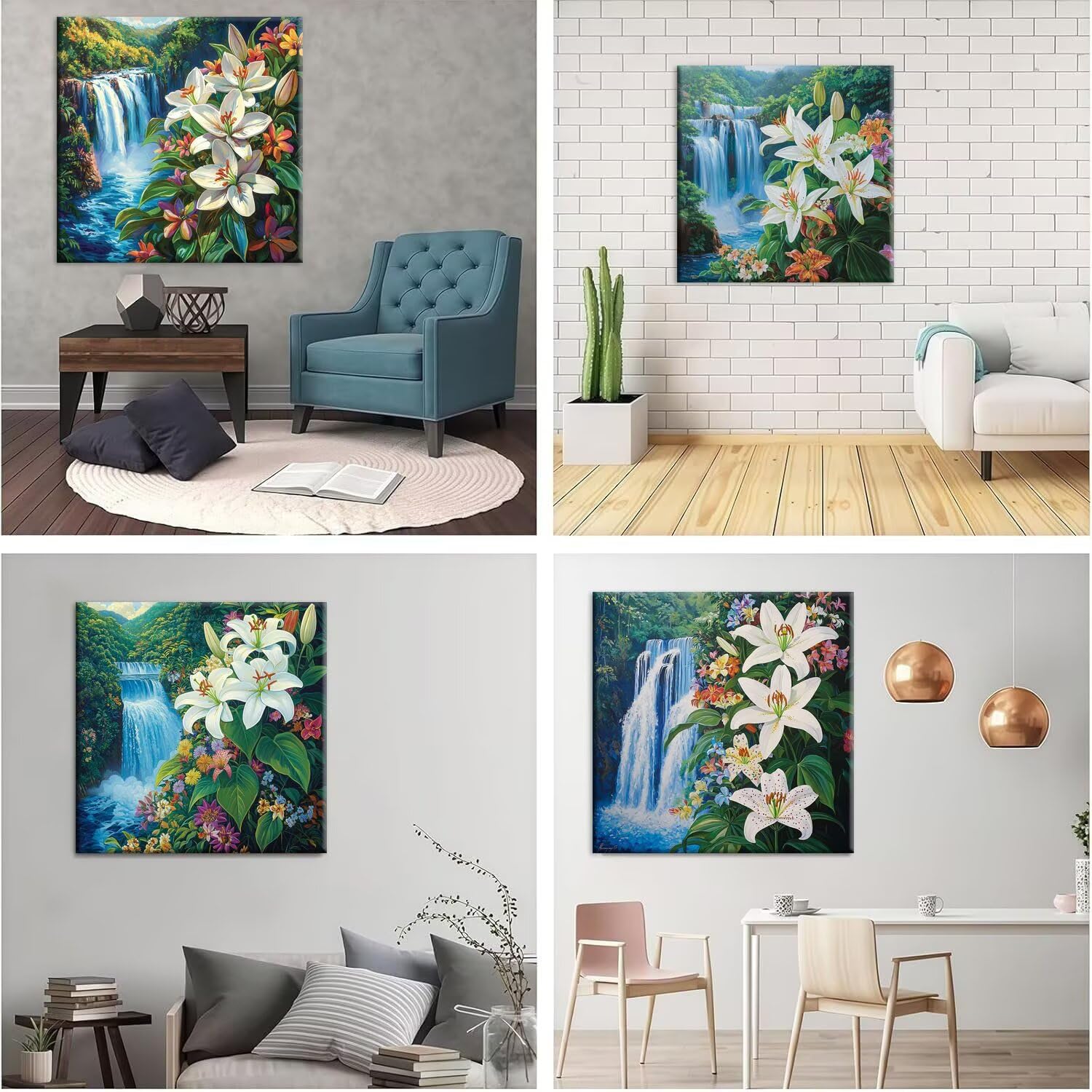 5D Diamond Painting Wasserfall Blumen, Diamant Malerei 50x50cm w-643 | 4 Pack Diamond Painings Erwachsene, 5D DIY Diamant Malerei Mosaikherstellung für Relaxation and as a Wall Deko Geschenk