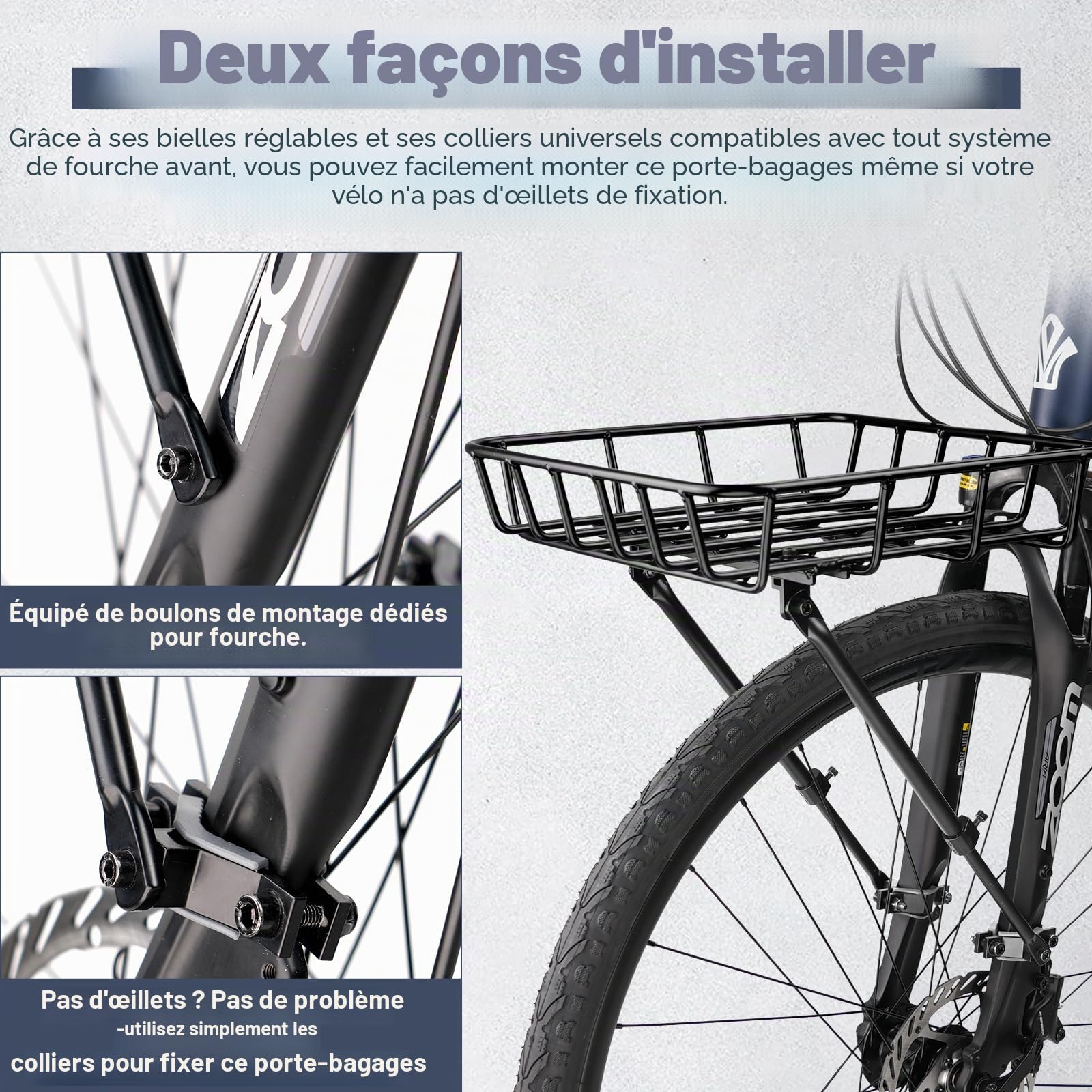 Panier de vélo avant - Panier avant de grande capacité, léger - Panier en aluminium solide avec entretoises de maintien - Réglable pour vélos de 26 à 29 pouces - Outils de montage et filet