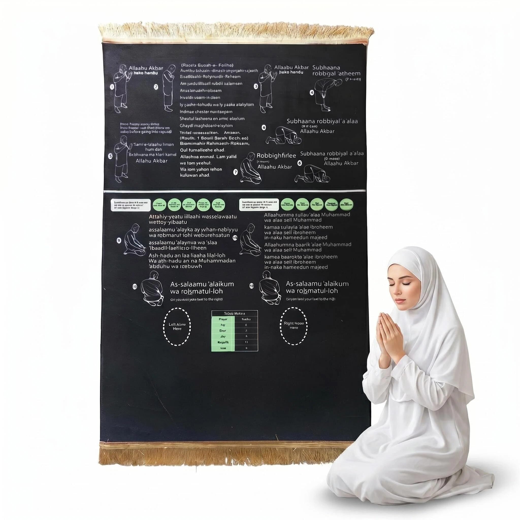 Tapis de prière musulman interactif guidé – Instructions étape par étape (français non garanti) d'apprentissage de la salah Janamaz, tapis de prière éducatif antidérapant pour enfants et