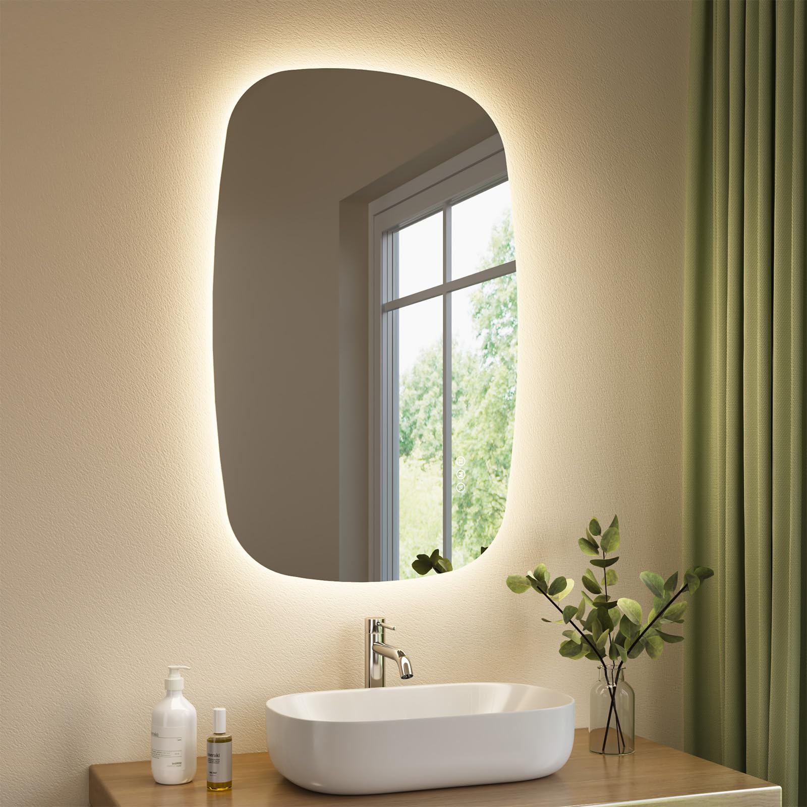 S'AFIELINA Specchio Bagno con Luce Ovale 70 × 45 × 2,5 cm (A × L × P), Interruttore Touch, Dimmerabile, 3 Colori di Luce, Antifog, Funzione Memoria, Specchio Bagno Retroilluminato, HD Vetro Temperato