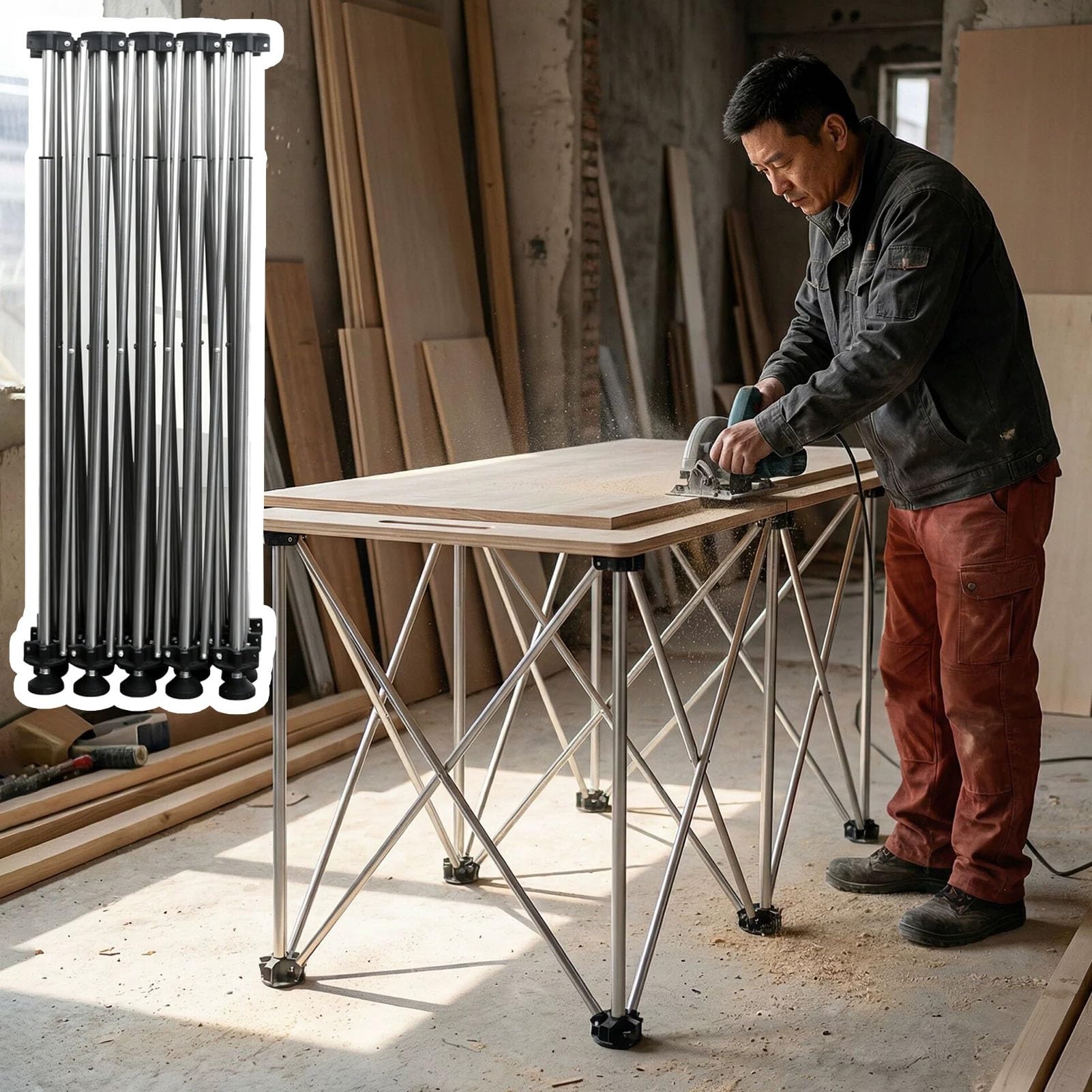 Foldable Spider Legs Woodworking Table 28 in Tall, Adjustable Collapsible Sawhorse Workbench, Portable Workstand with Stainless Steel Support Legs(215x60 cm (85x24 in))