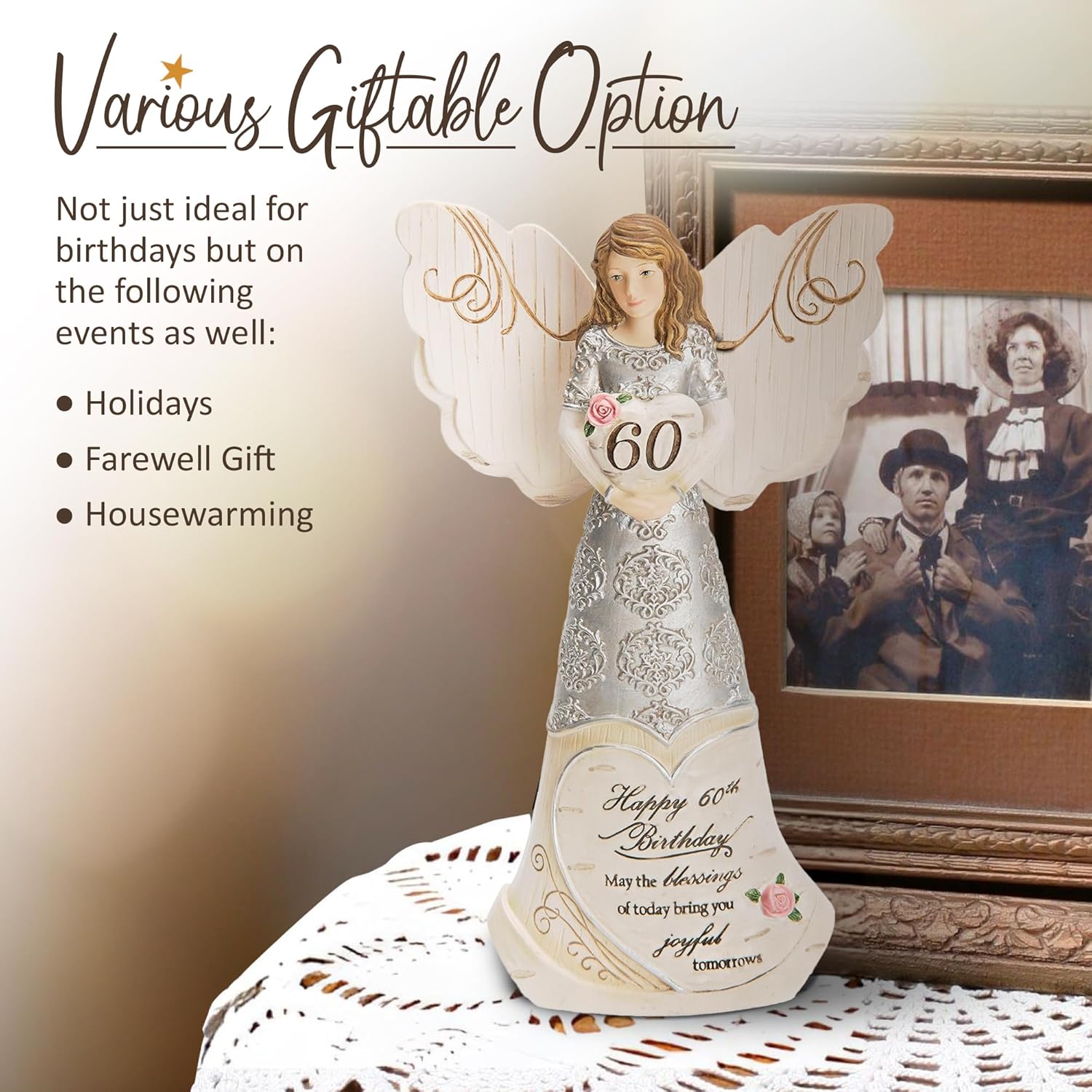 Pavilion Elements Angels Figurine - Guardian Angel Figure Display - Happy 60th Birthday May The Blessings of Today Bring You Joyful Tomorrows Printed Text, Collectibles Angel Figurines, 6" - Image 7