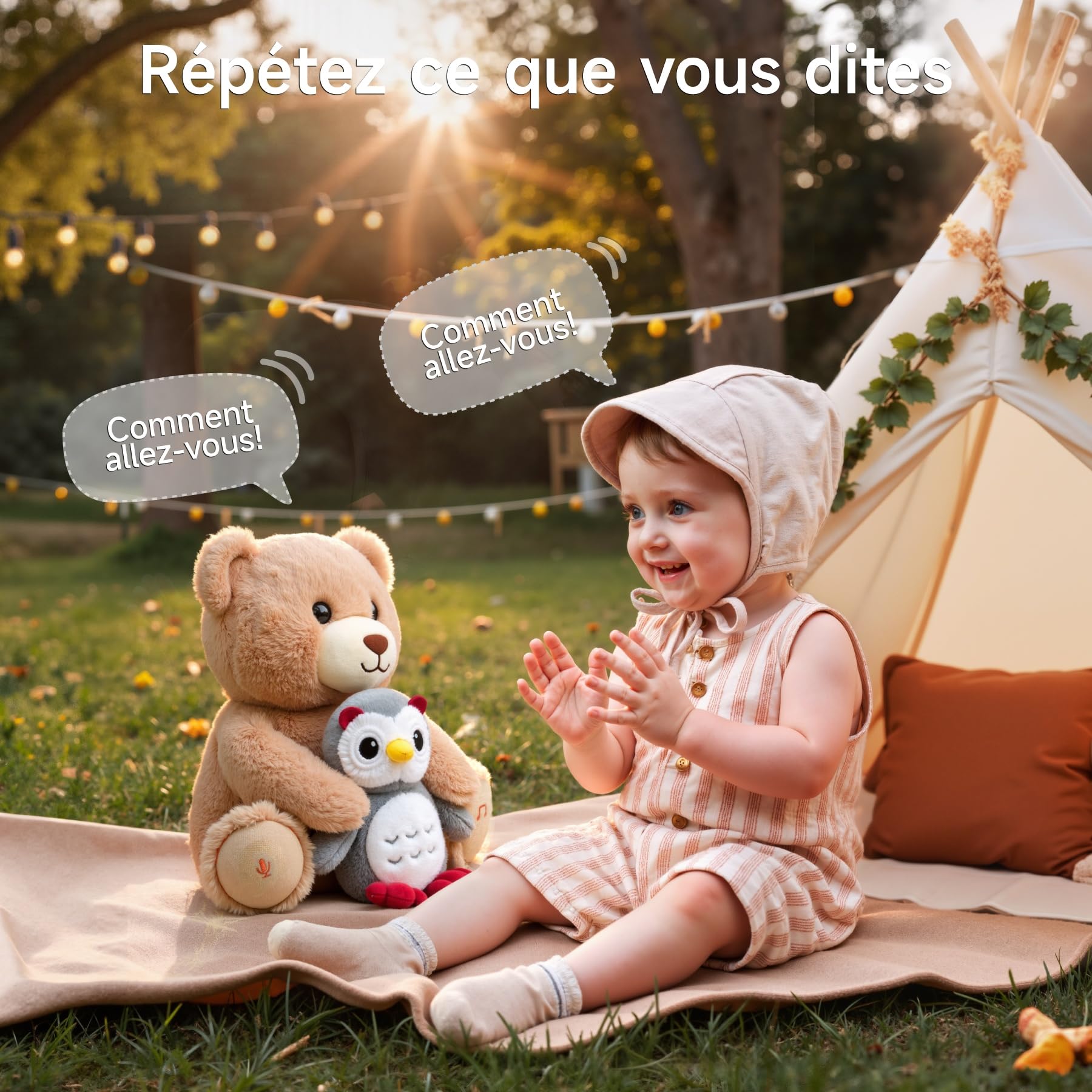 Ours en Peluche Musicale avec Hibou, Nounours Interactive Parlant, Jouet en Peluche Qui Enregistre et Répète, Cadeau pour Bébé Fille Garçon
