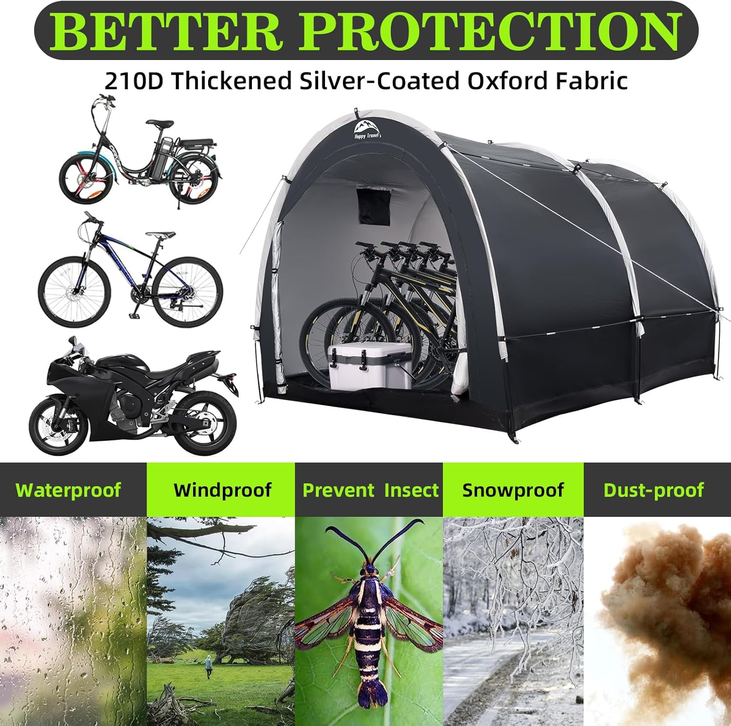 Happy Travel Bike Storage Tent Shed, Outdoor Waterproof Bicycle Covers Shelter with Window for 2/4/6/8 Bikes,Oversized Outside Portable Sheds for Lawn Mower,Garden Tools (Black) Happy Travel Bike Storage Tent Shed, Outdoor Waterproof Bicycle Covers Shelter with Window for 2/4/6/8 Bikes,Oversized Outside Portable Sheds for Lawn Mower,Garden Tools (Black)