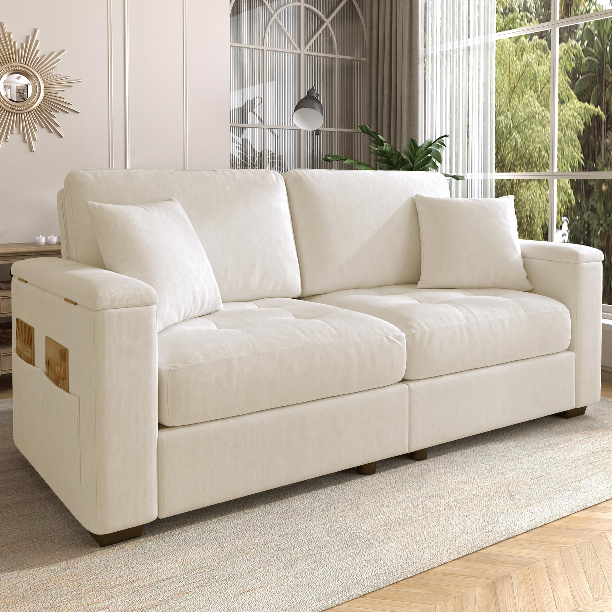 Modernes Zweisitzer-Sofa mit Stauraum in den Armlehnen, aus weichem Chenille-Stoff, inklusive 2 bequemen Kissen, mit hochdichter Schaumstoffpolsterung für höchsten Sitzkomfort (Beige)
