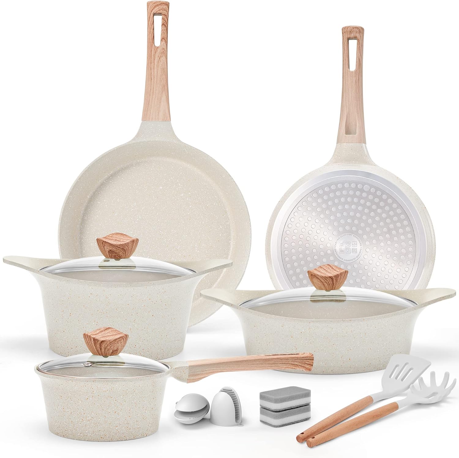 YIIFEEO Pans and Pots Set Nonstick, White Granite Cookware