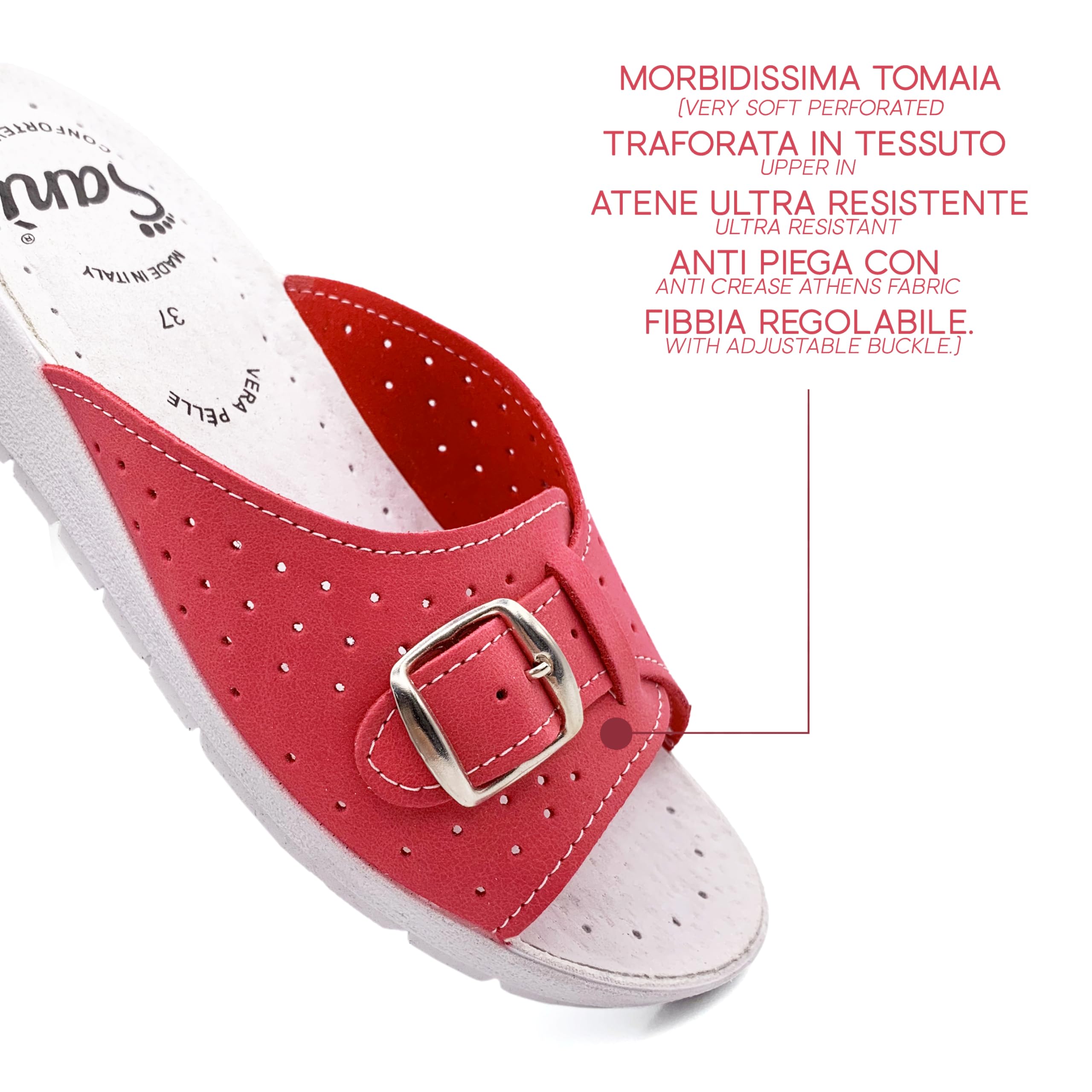 Ciabatte Donna Estive Comode Pantofole in Vera Pelle con Fibbia Regolabile a Punta Aperta Sandali Sanitari con Fascia