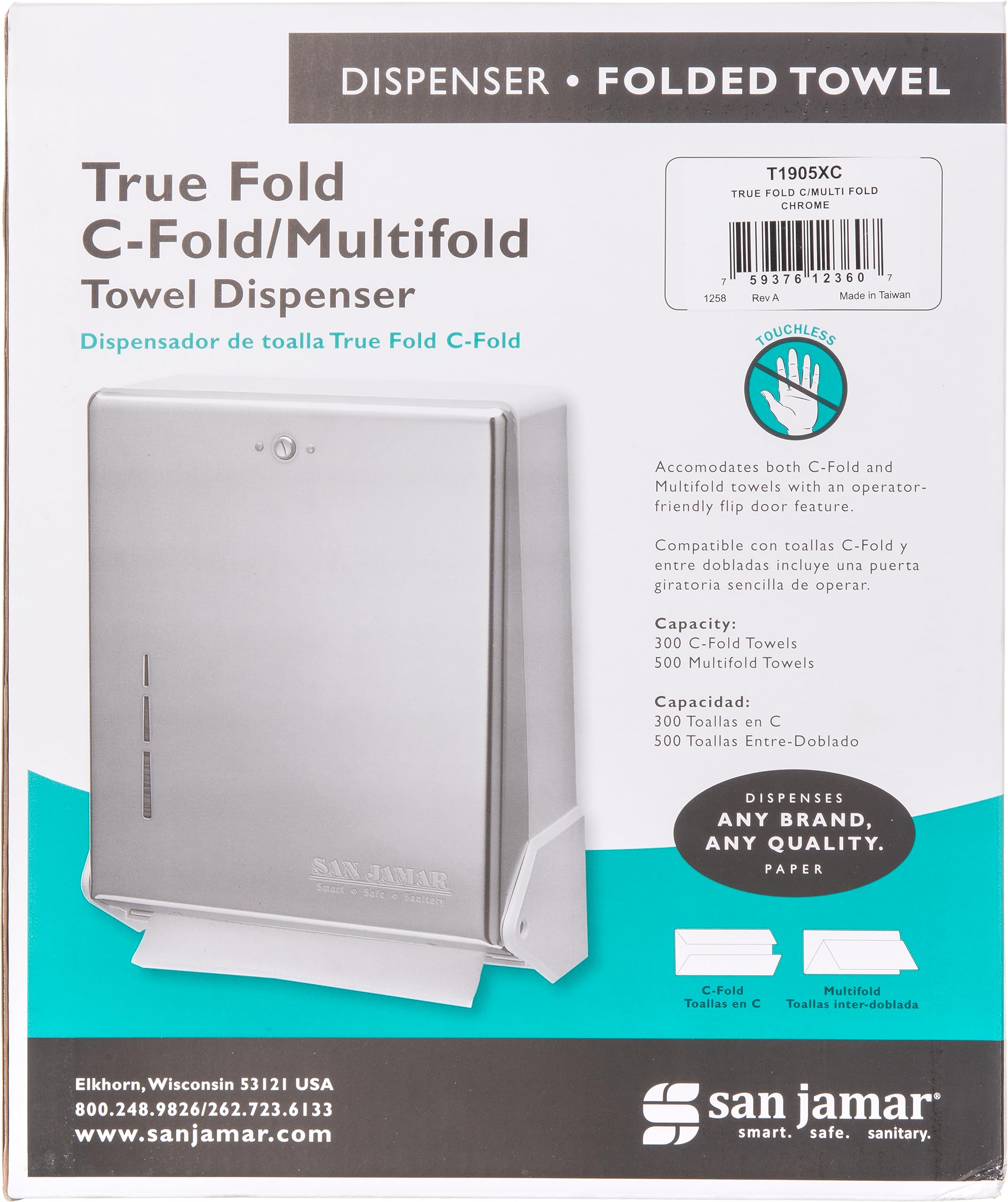 San Jamar T1905XC True Fold Dispensador de Toallas Comercial, Capacidad de 500 Toallas Plegables múltiples/300 C, Cromado